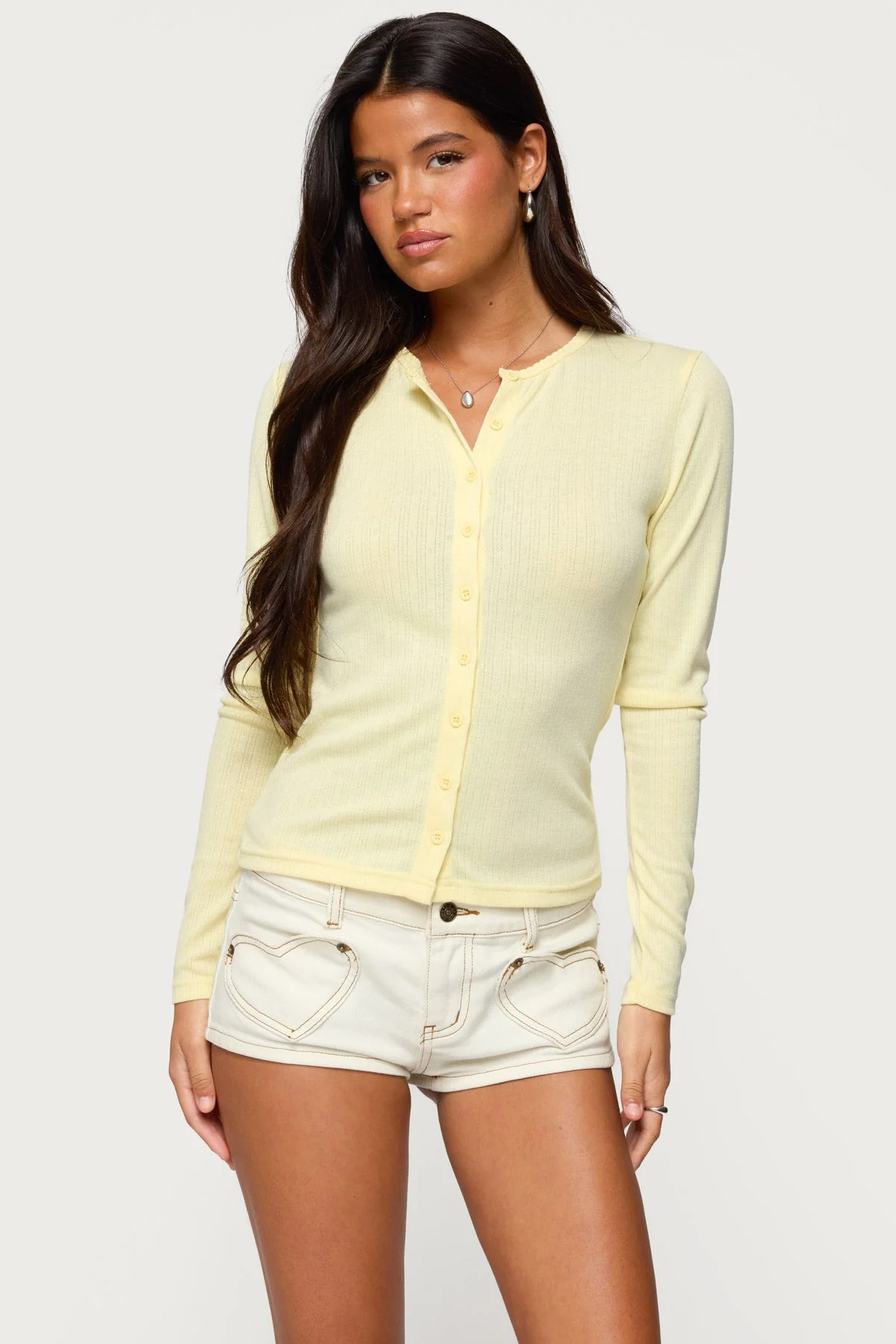 Yellow Button Up Pointelle Shirt