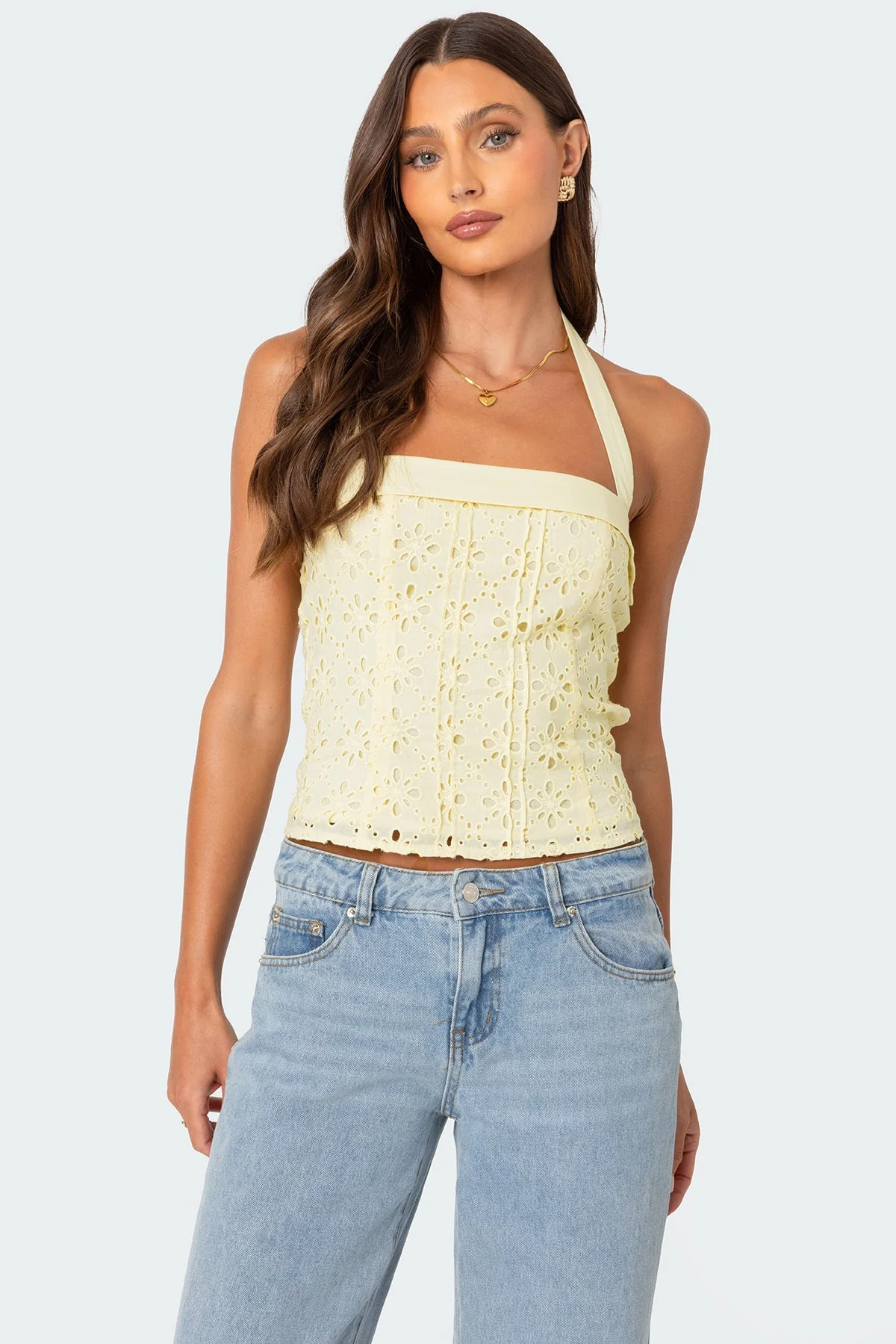 Yellow Cotton Eyelet Halter Top Womens Sleeveless Shirt
