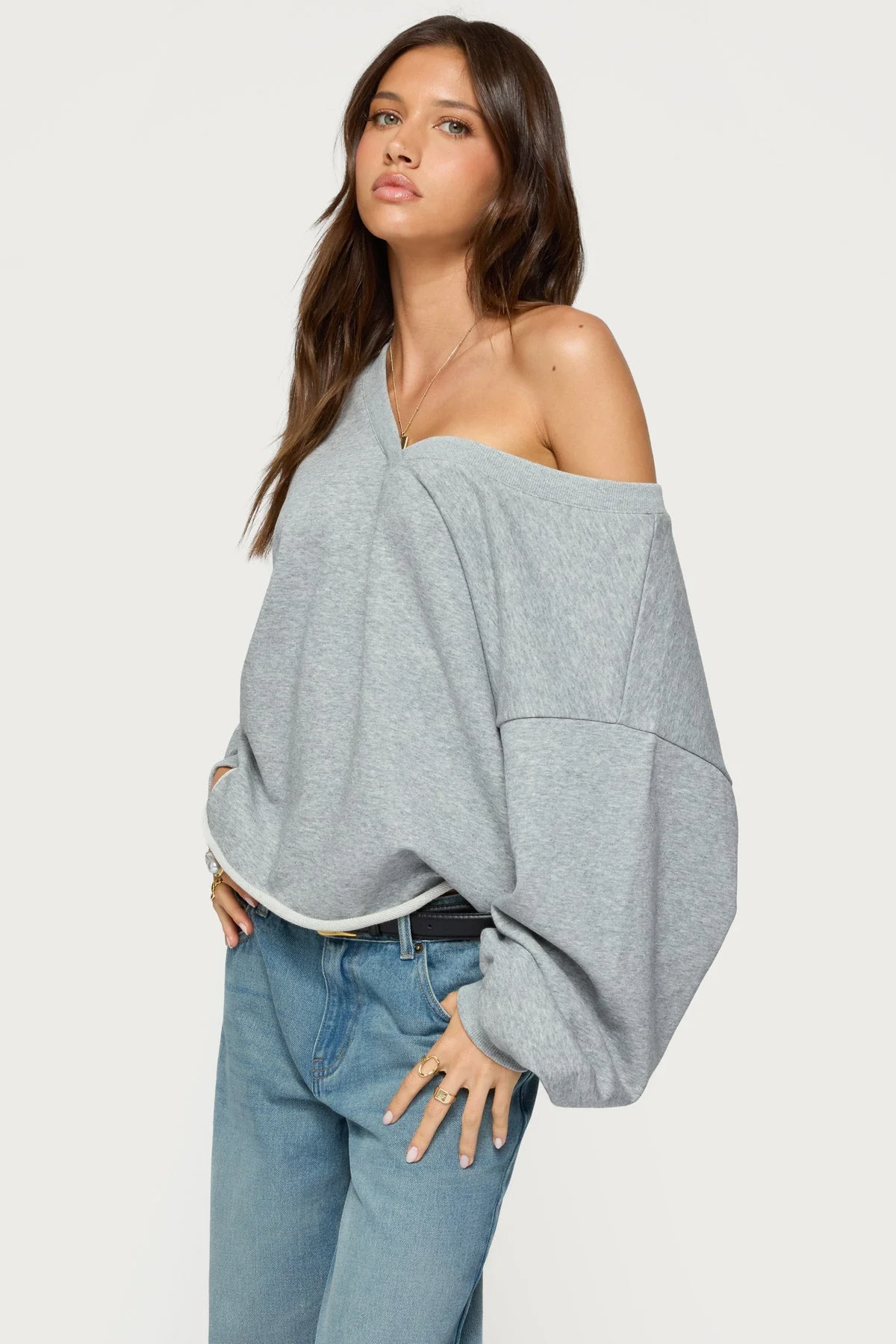 Gray Melange Oversized V Neck Sweatshirt