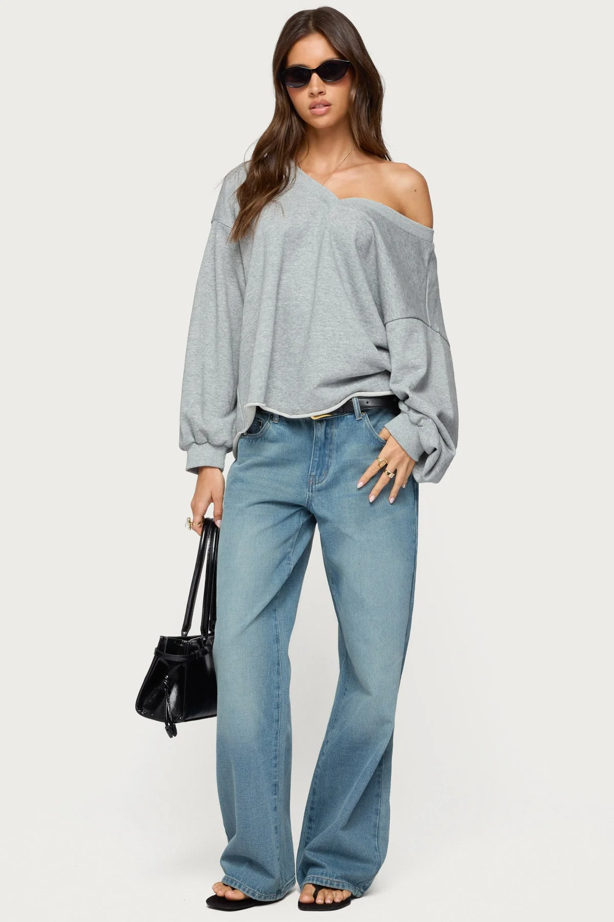 Gray Melange Oversized V Neck Sweatshirt