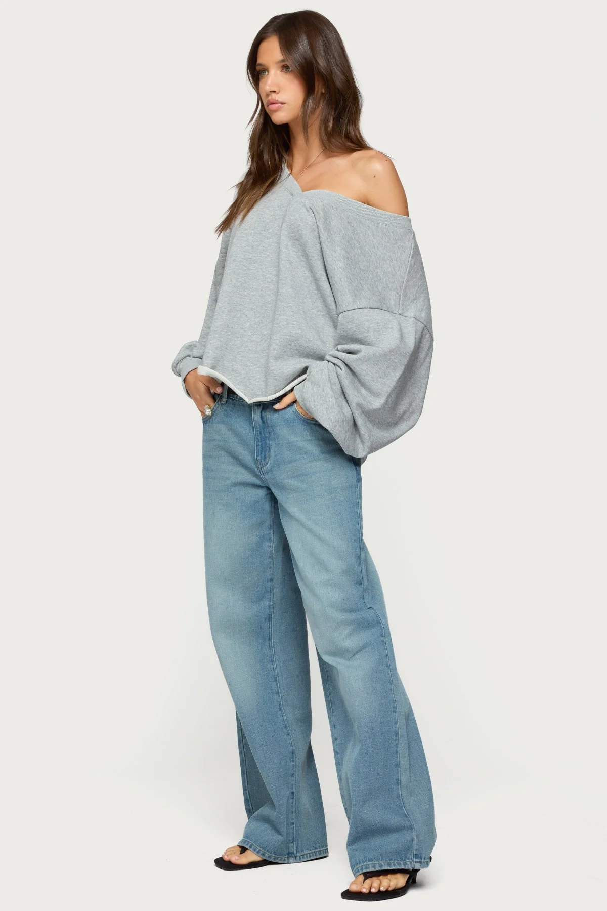 Gray Melange Oversized V Neck Sweatshirt