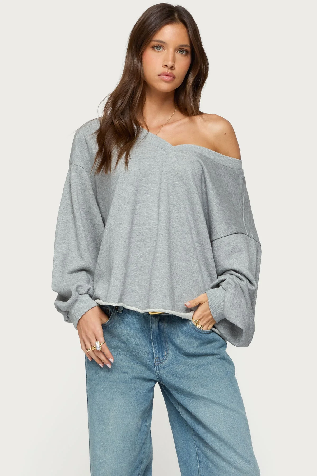 Gray Melange Oversized V Neck Sweatshirt