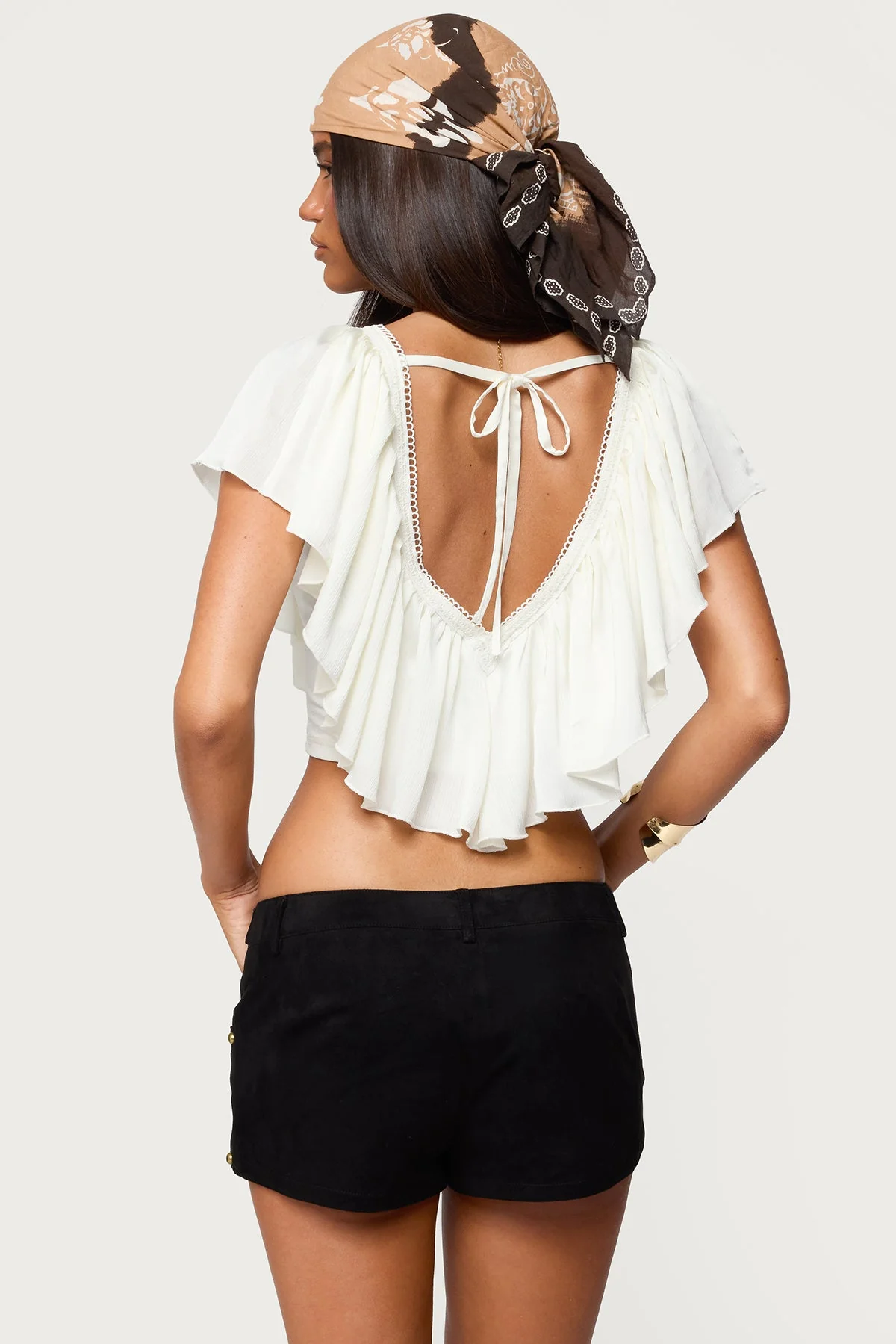 Cream Ruffled V Neck Cropped Top