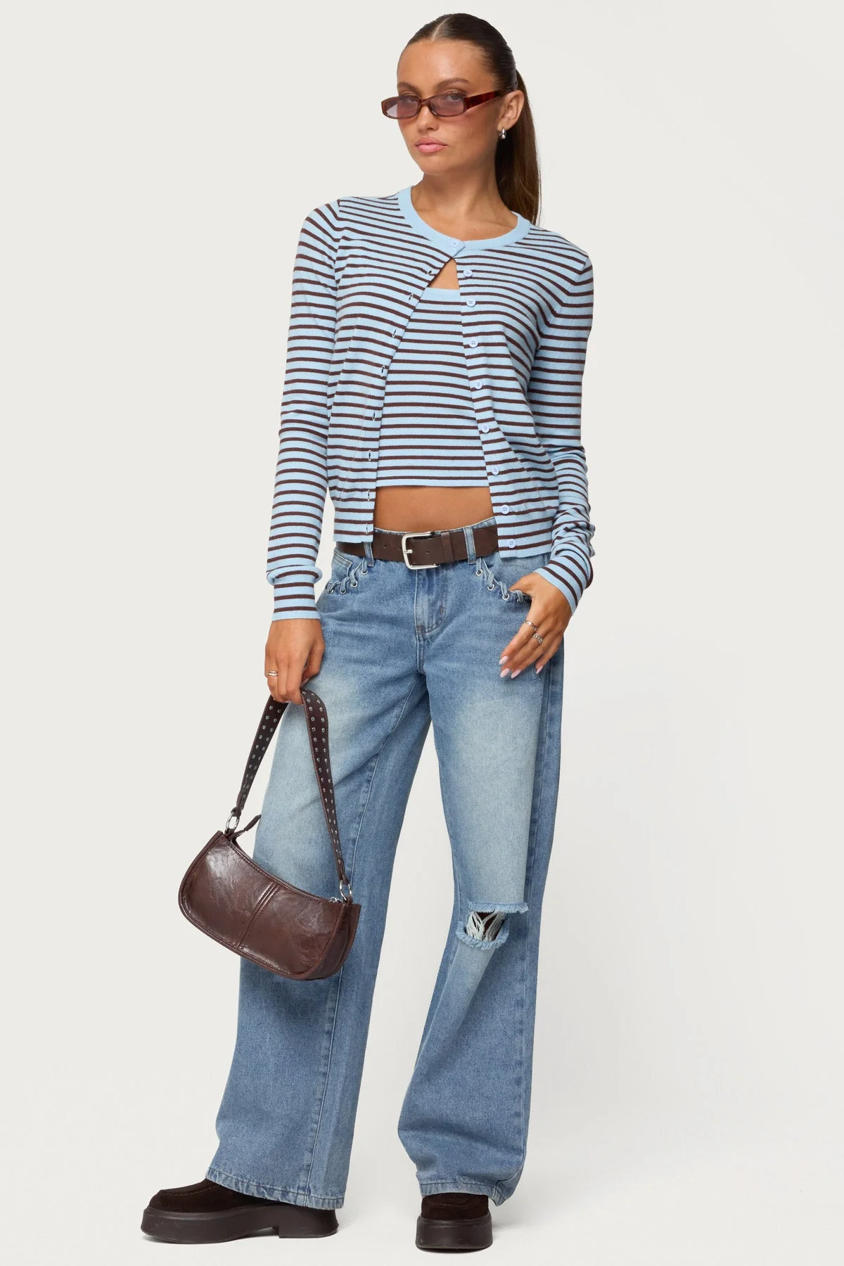 Distressed Low Rise Blue Denim Jeans for Women