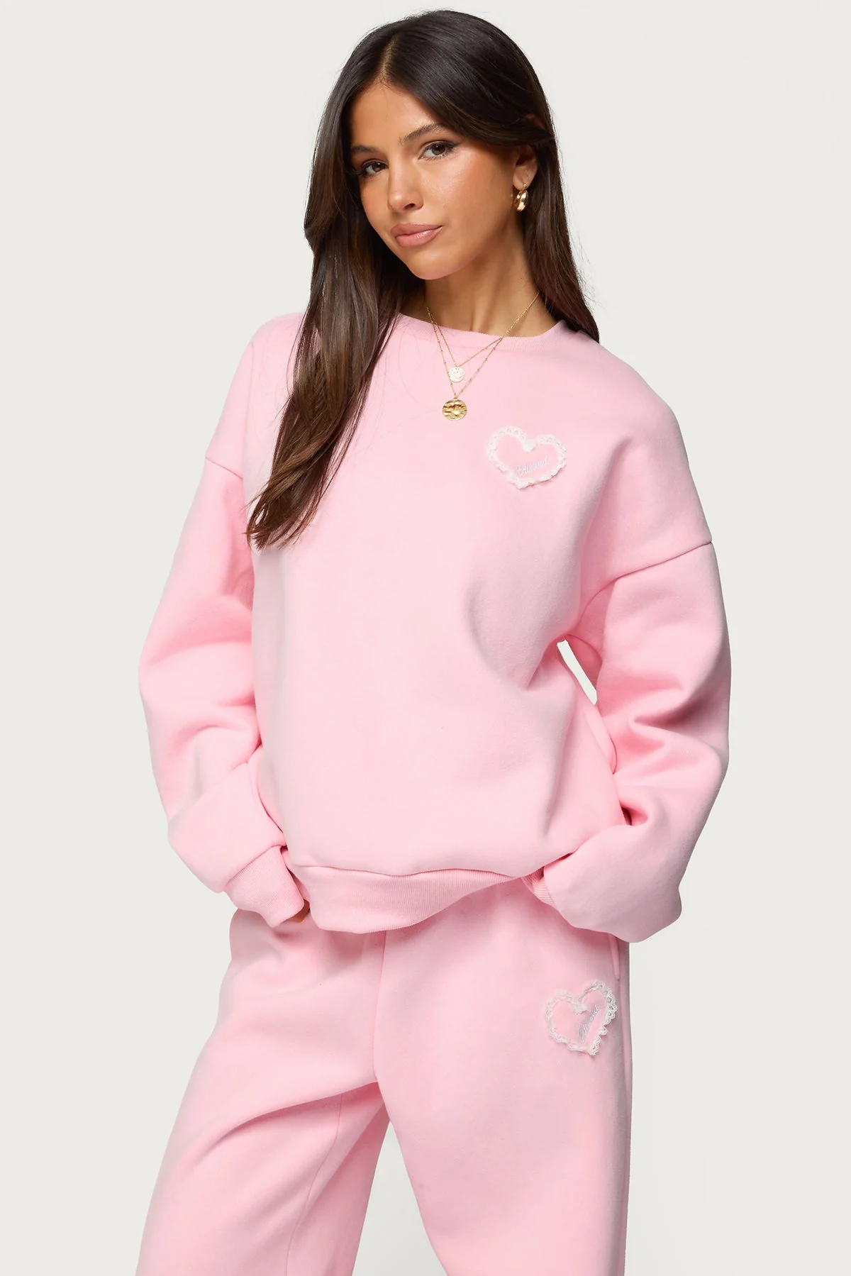 Pink Oversized Heart Patch Sweatshirt Set