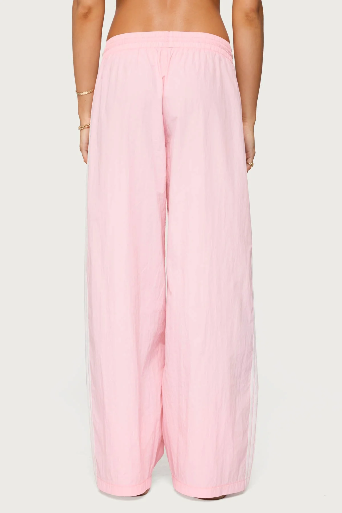 Light Pink Nylon Track Pants - Adjustable Tie Waist & Side Stripe Detailing