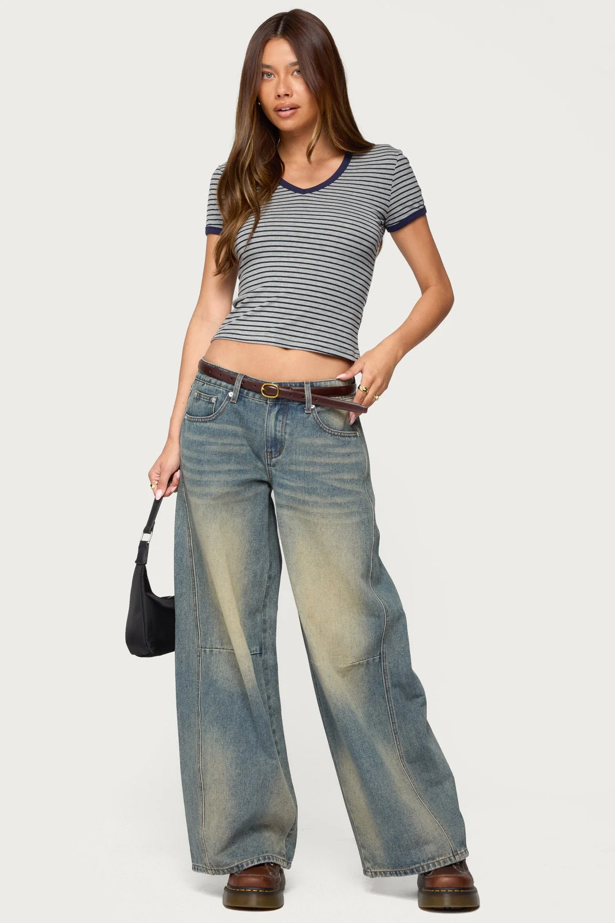 Striped V Neck Cotton Blend T-Shirt Gray Melange