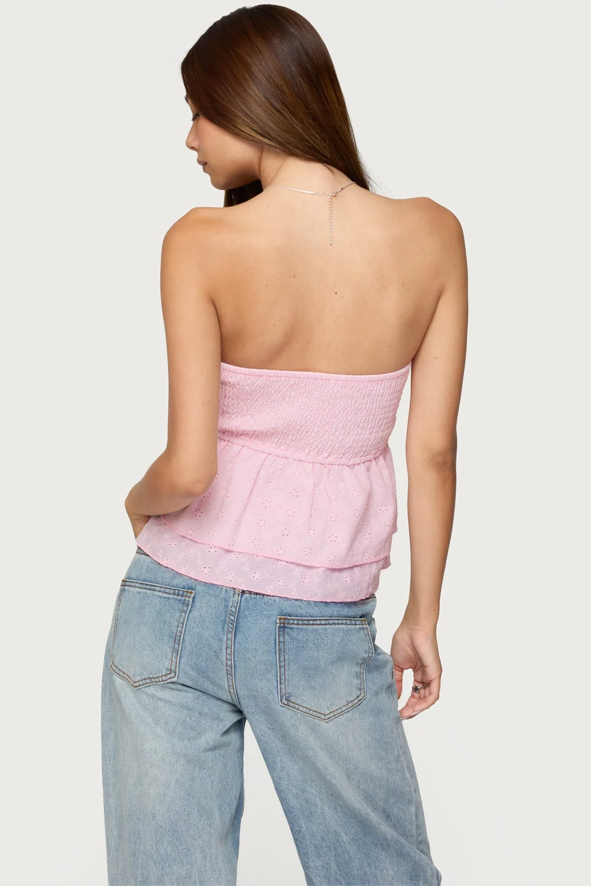 Ruffled Eyelet Strapless Cotton Top in Light Pink