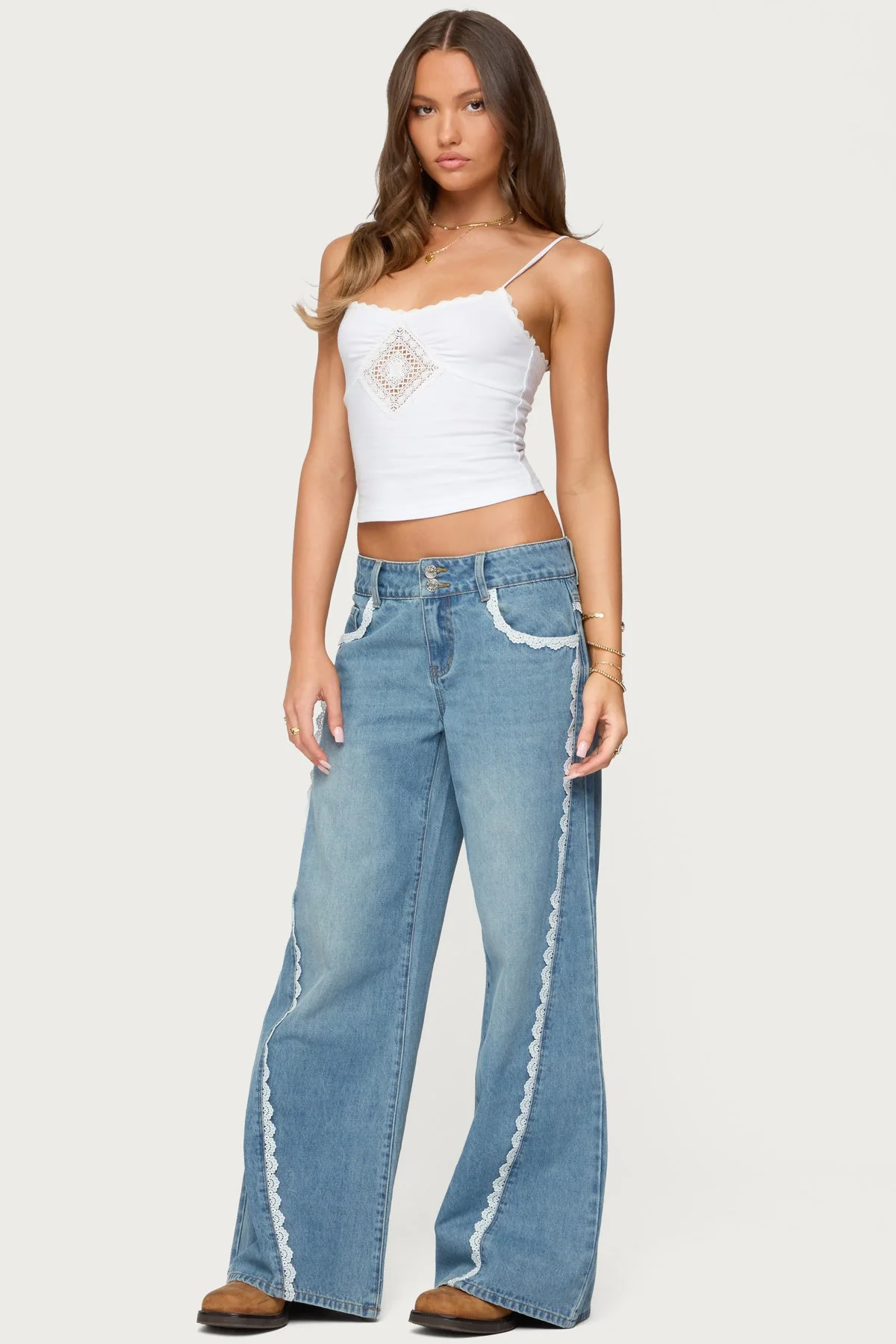 Blue Washed Low Rise Wide Leg Jeans