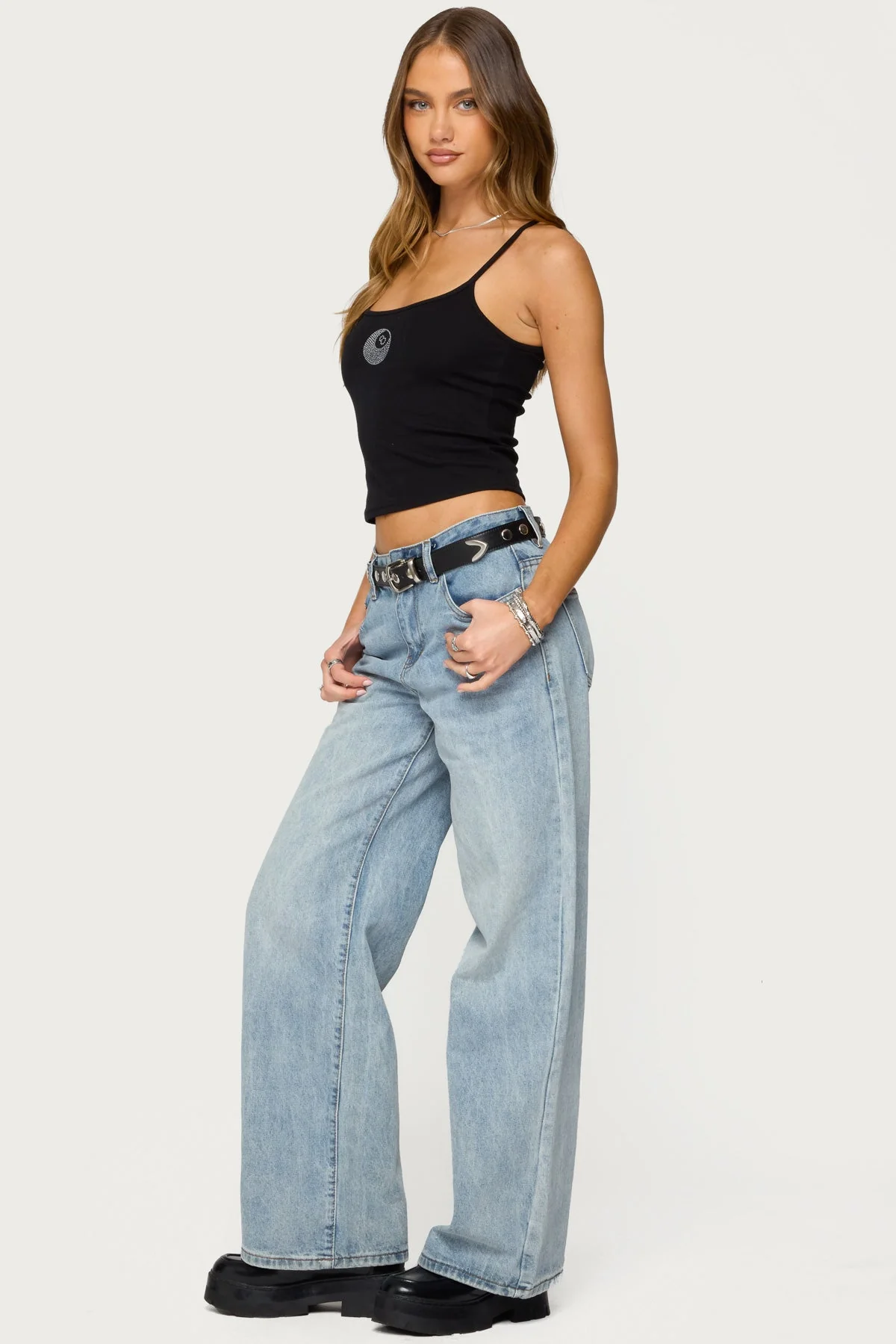 Black Rhinestone Graphic Tank Top Womens Adjustable Straps