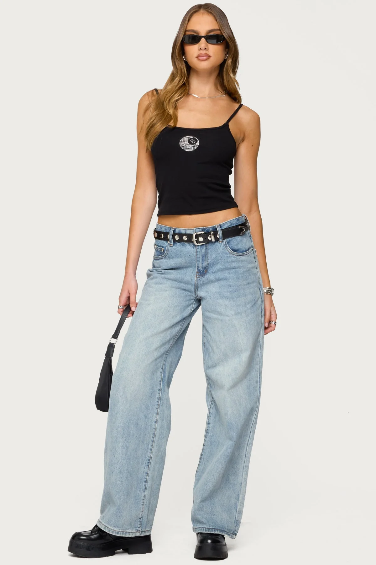 Black Rhinestone Graphic Tank Top Womens Adjustable Straps