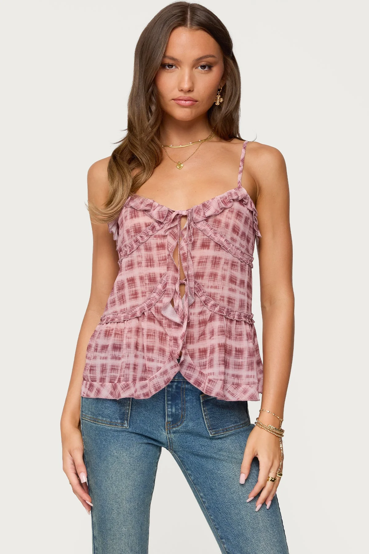 Chiffon Ruffle Front Tie Pink Top