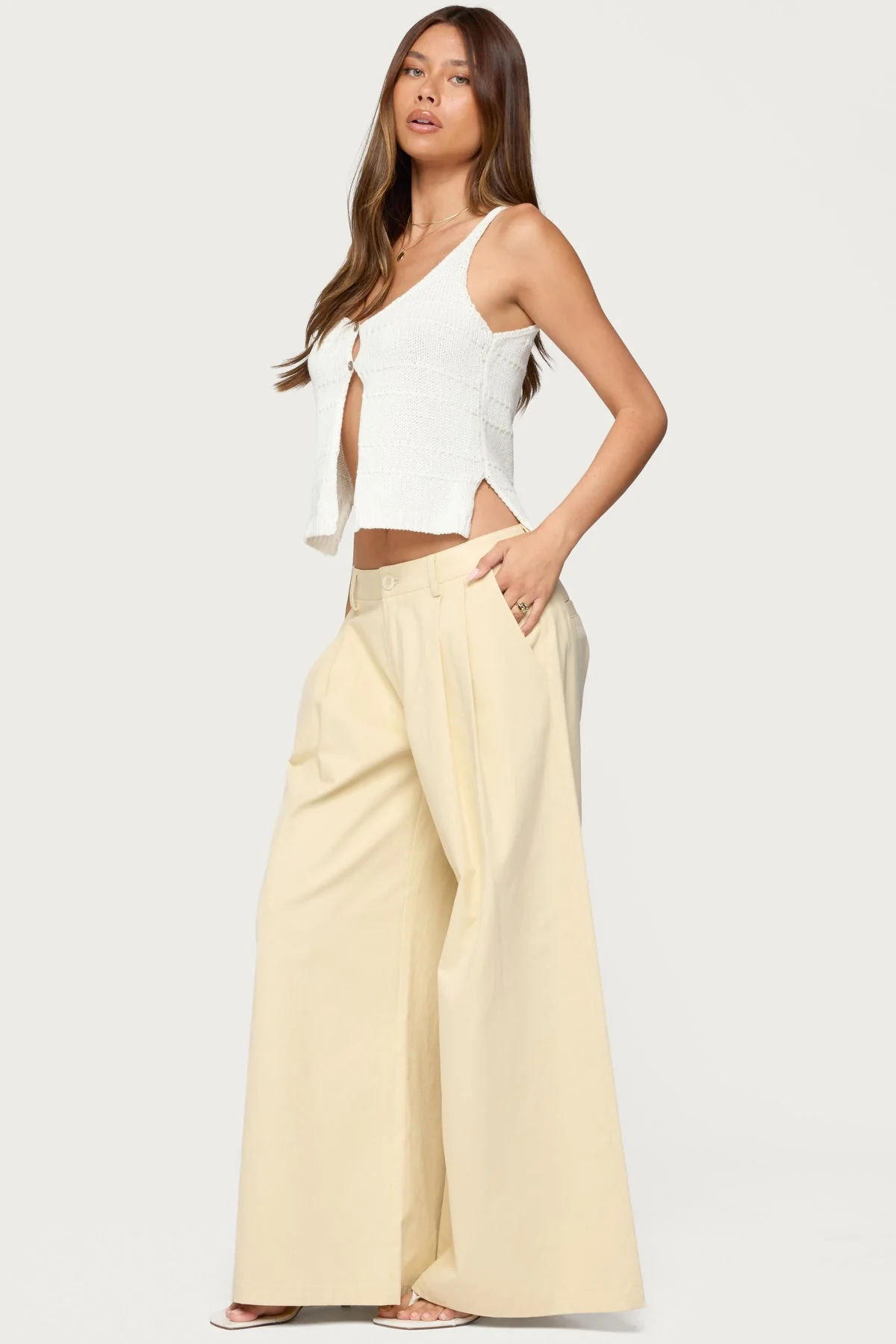 White Knit Split Front Cotton Tank Top