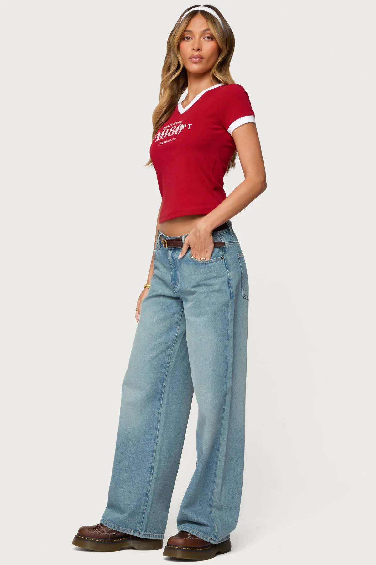 Red V-Neck Cotton Spandex T-Shirt