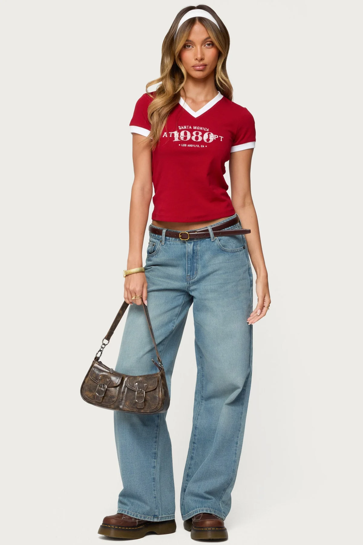 Red V-Neck Cotton Spandex T-Shirt