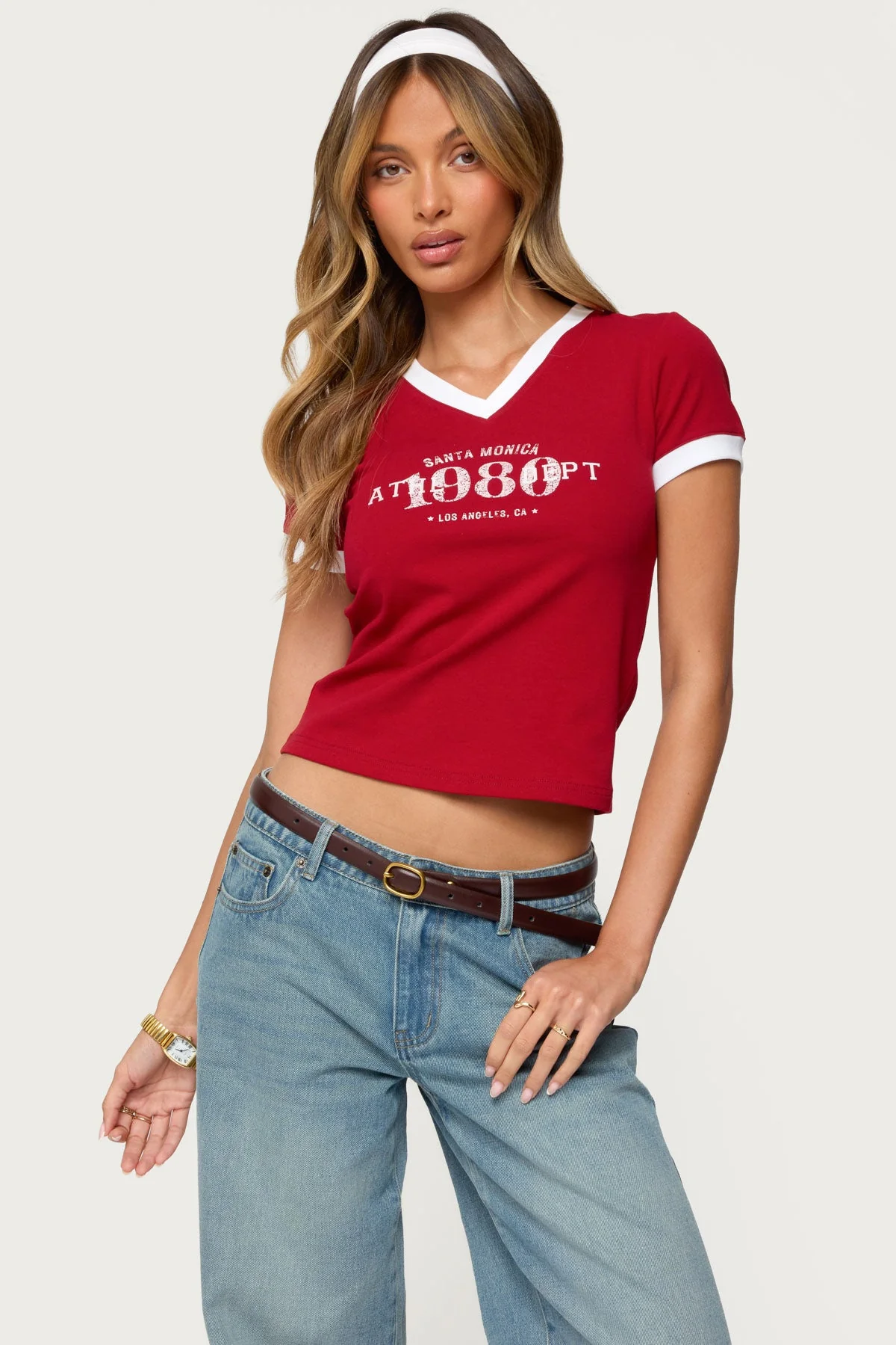 Red V-Neck Cotton Spandex T-Shirt
