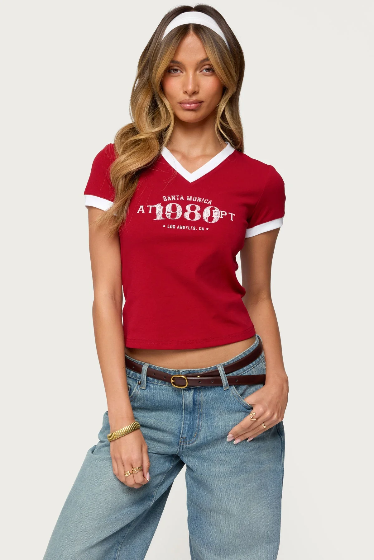 Red V-Neck Cotton Spandex T-Shirt