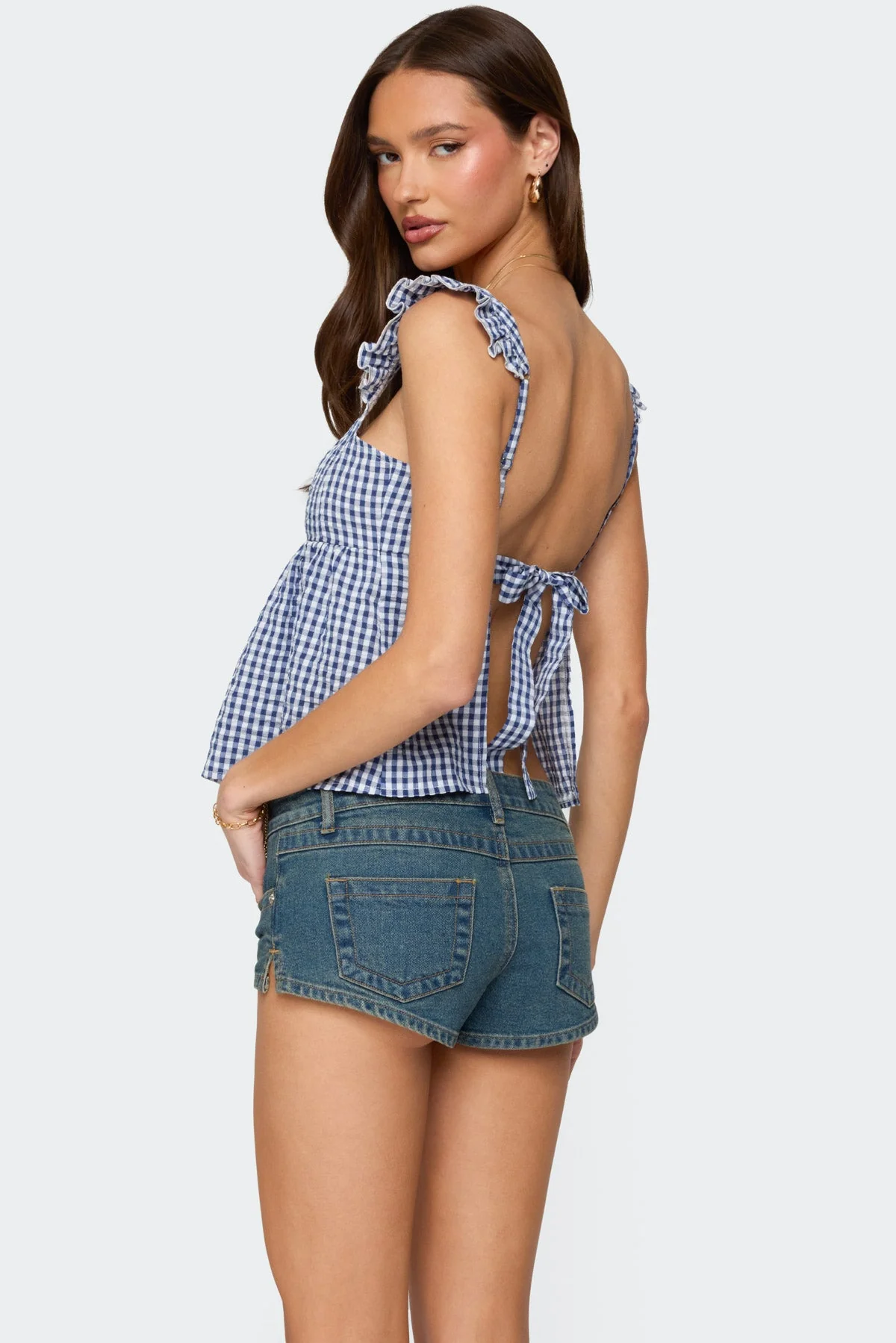 Gingham Ruffle Strap Backless Top in Blue Color