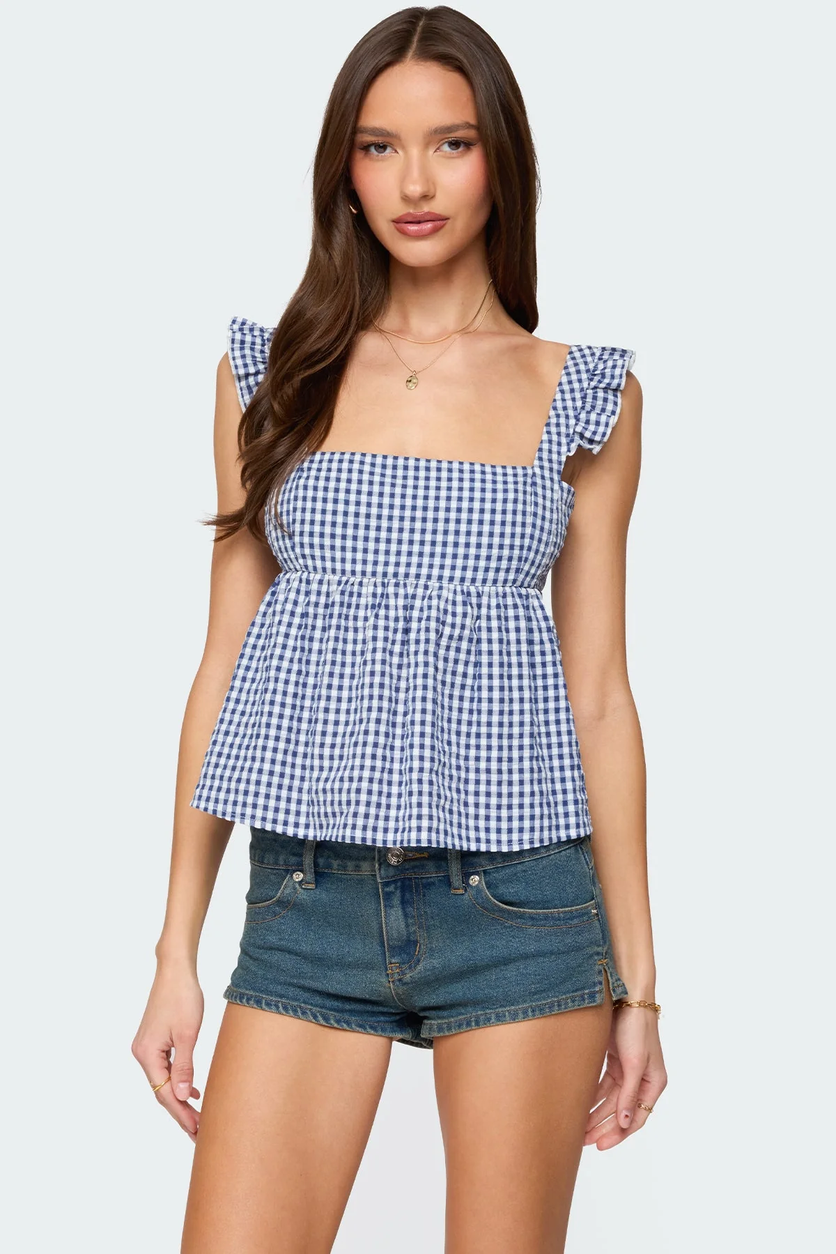Gingham Ruffle Strap Backless Top in Blue Color