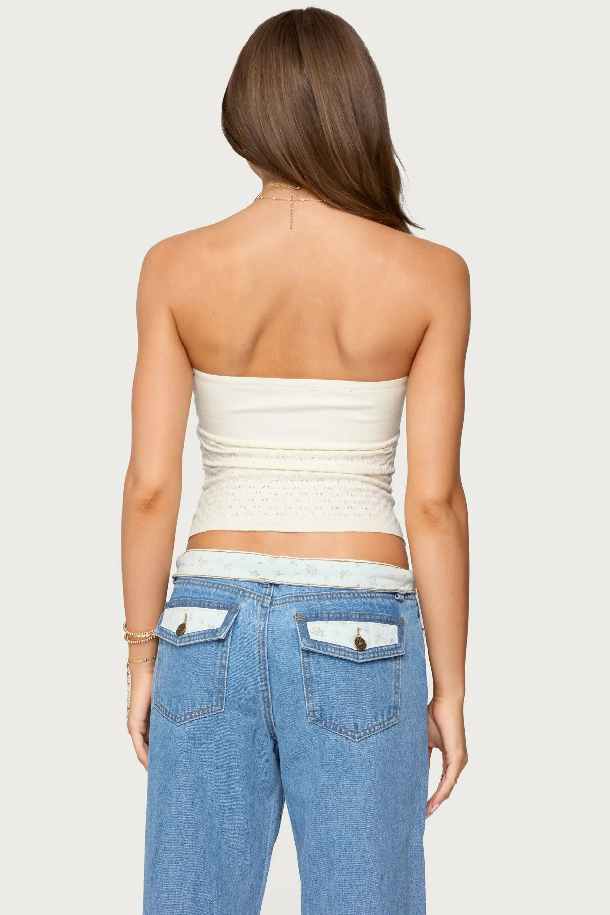 Cream Textured Knit Strapless Top