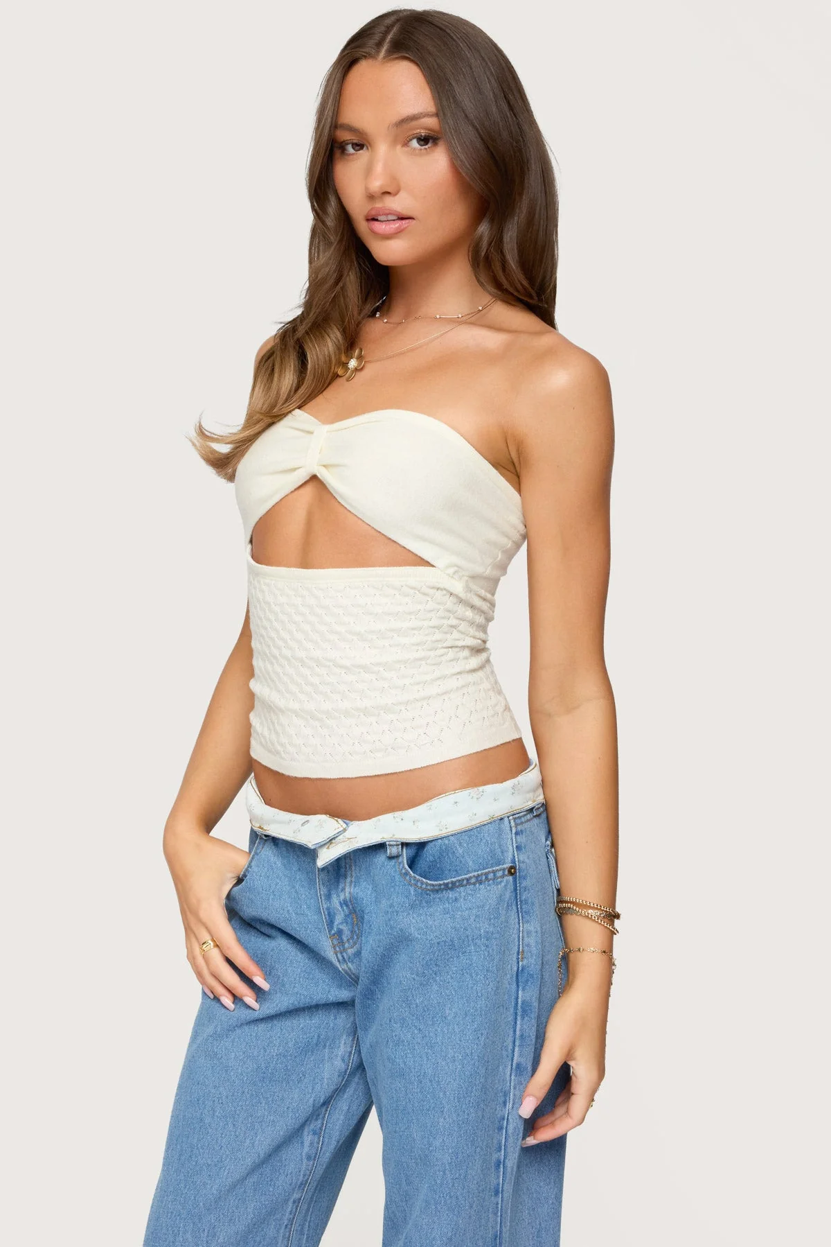 Cream Textured Knit Strapless Top