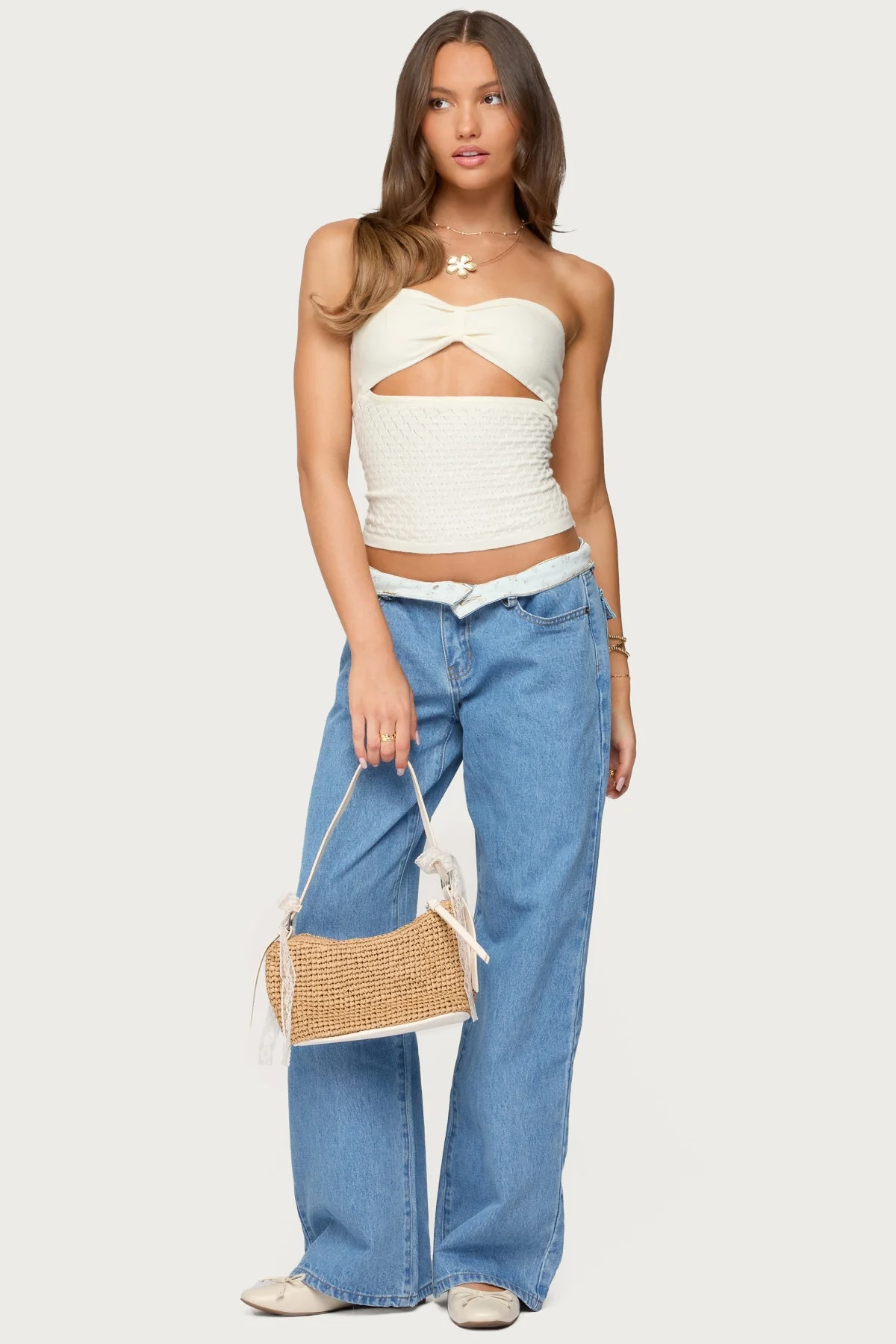 Cream Textured Knit Strapless Top