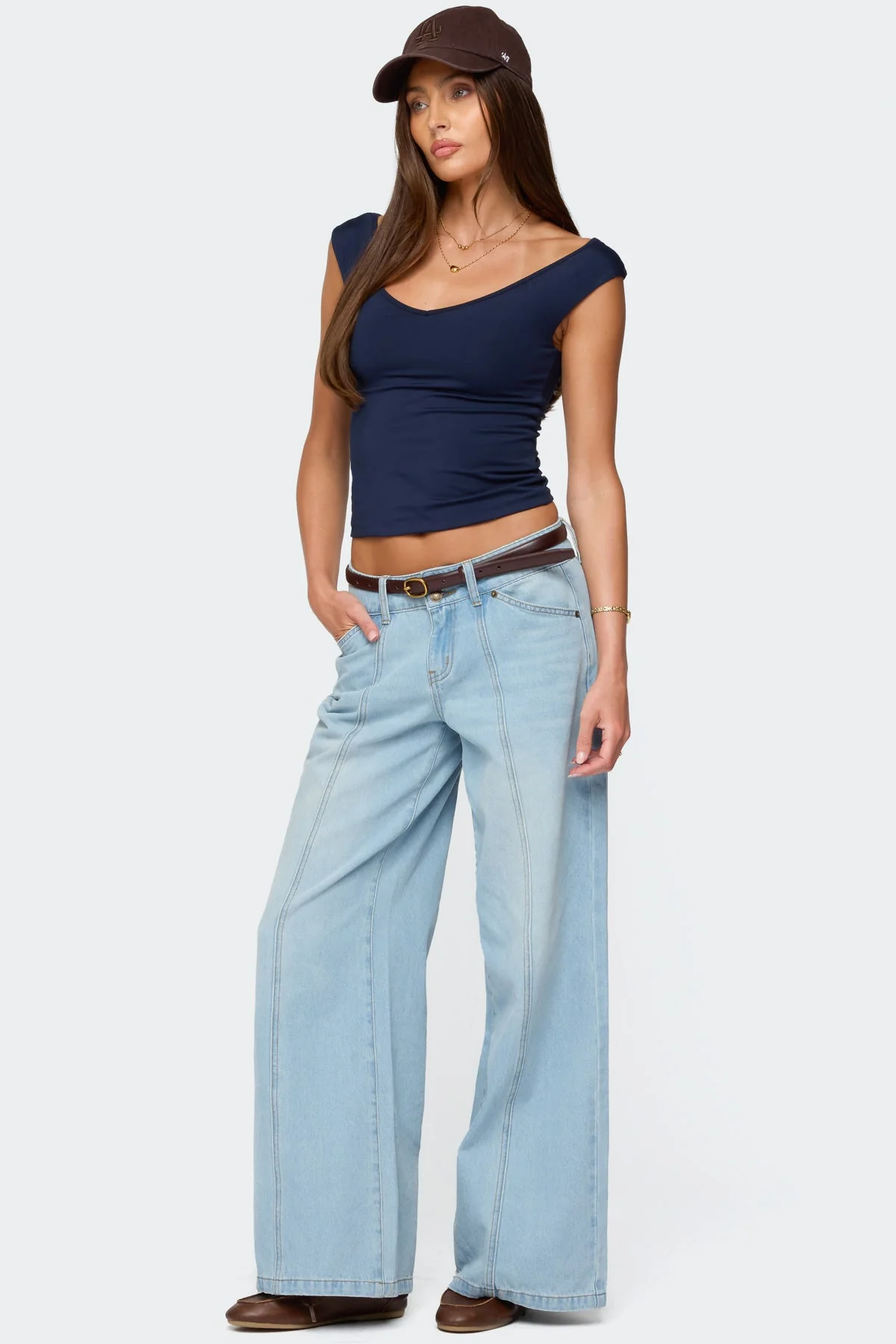 Light Blue Panel Stitch Wide Leg Jeans