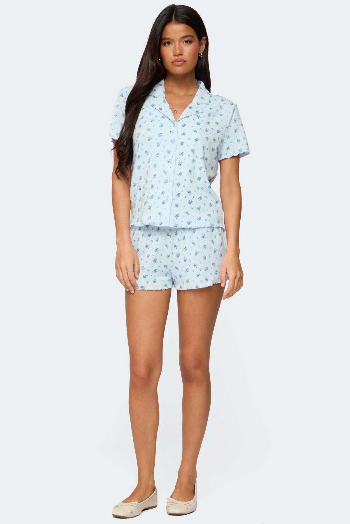 Floral Pointelle Sleepwear Shorts in Light Blue