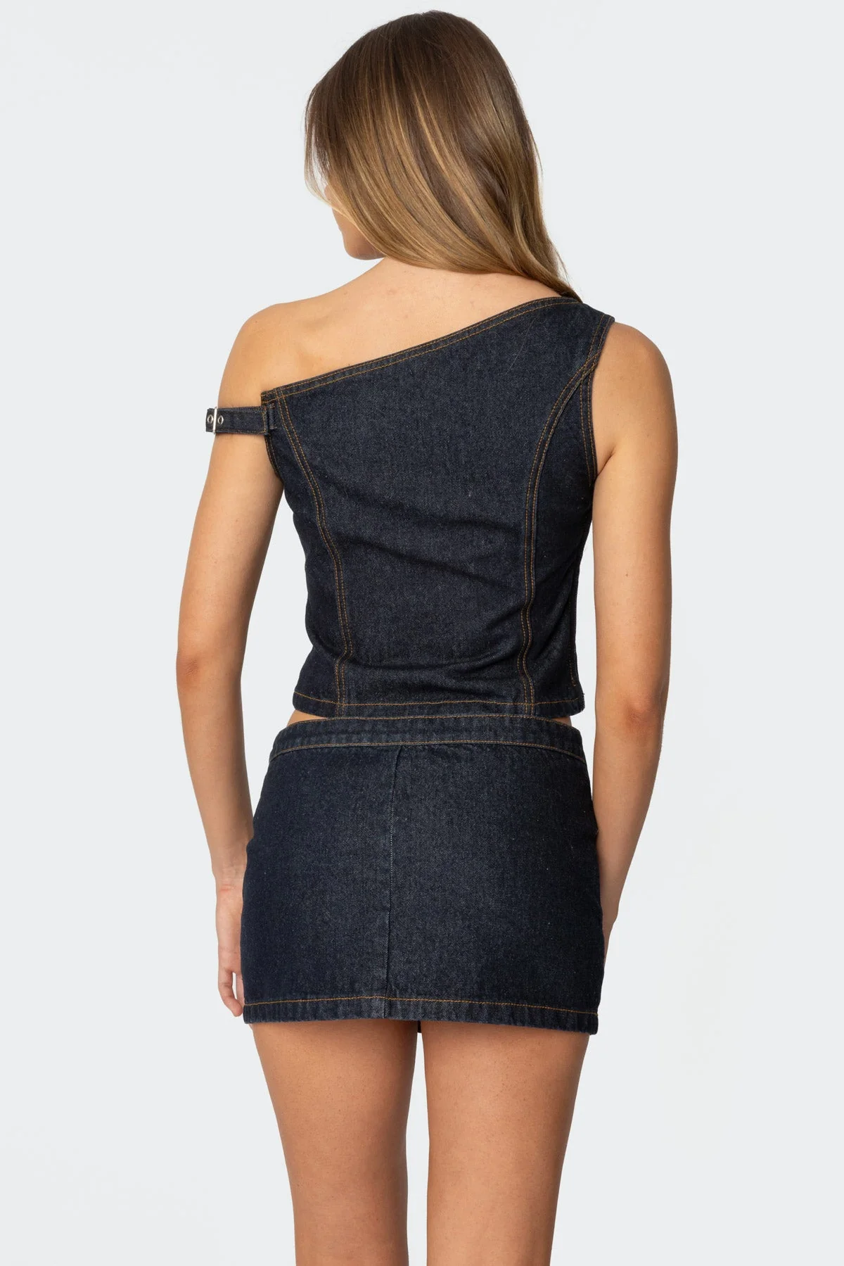 Asymmetric Denim Top with Buckle Detailing in Dark Blue