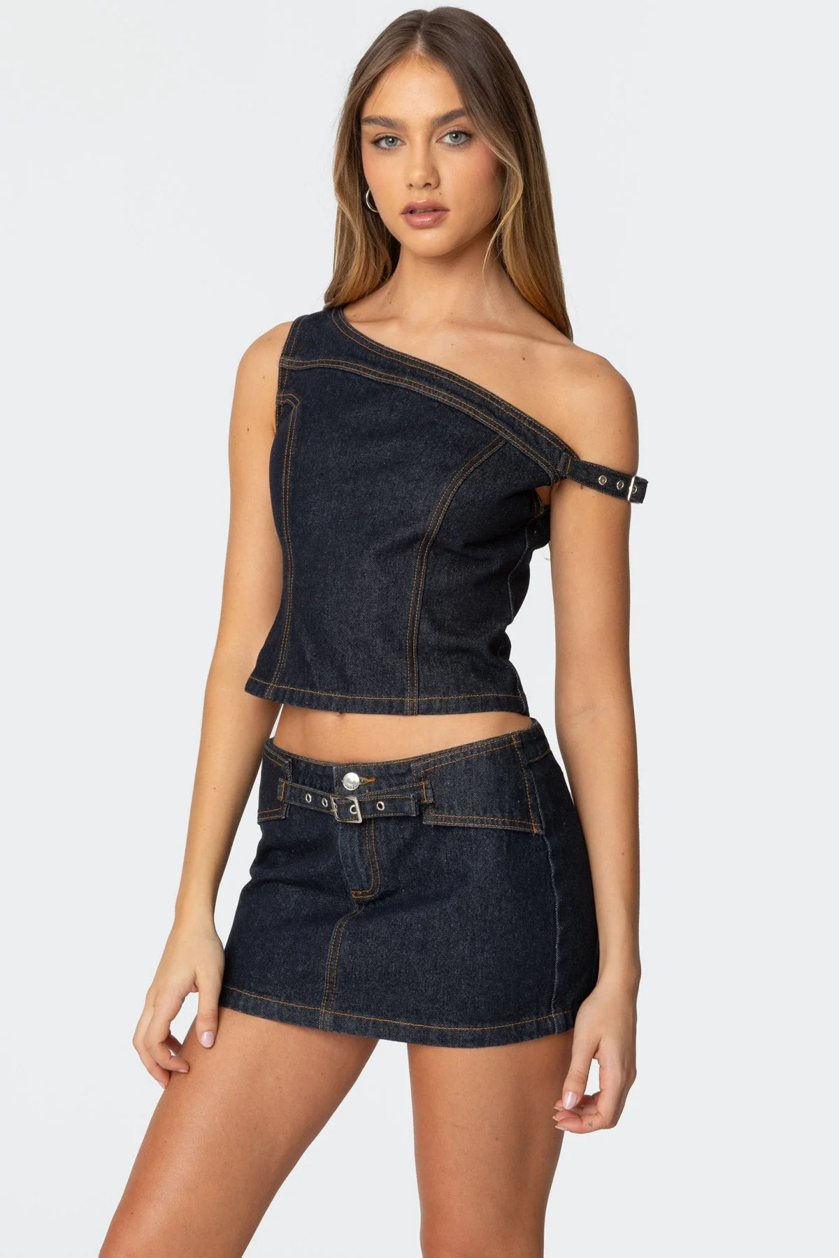 Asymmetric Denim Top with Buckle Detailing in Dark Blue