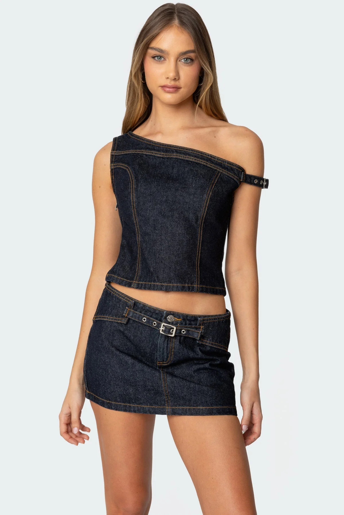 Asymmetric Denim Top with Buckle Detailing in Dark Blue