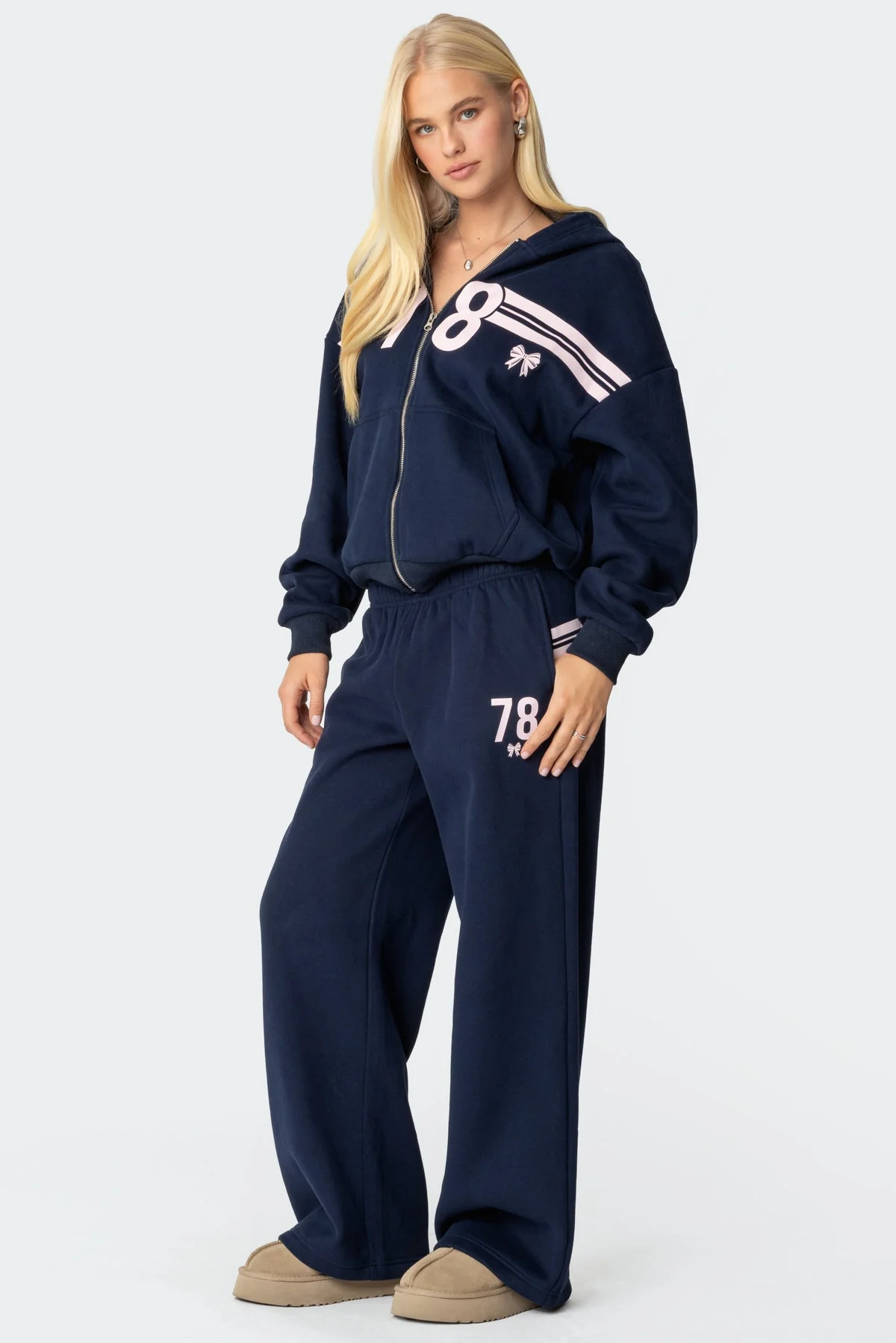 Navy Zip Up Hoodie Set Graphic Print Long Sleeve Loungewear