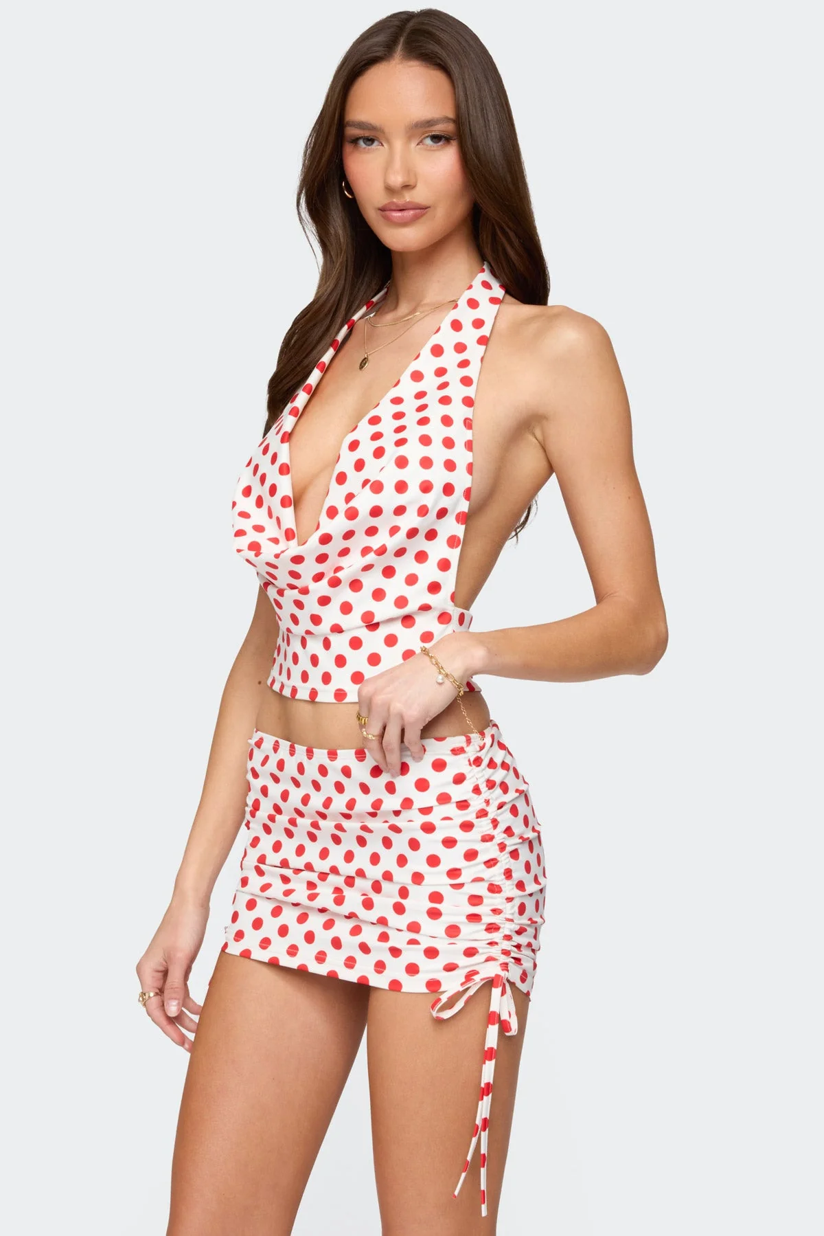 Red and White Polka Dot Cowl Neck Halter Top