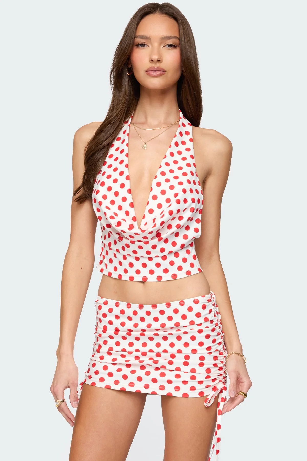 Red and White Polka Dot Cowl Neck Halter Top