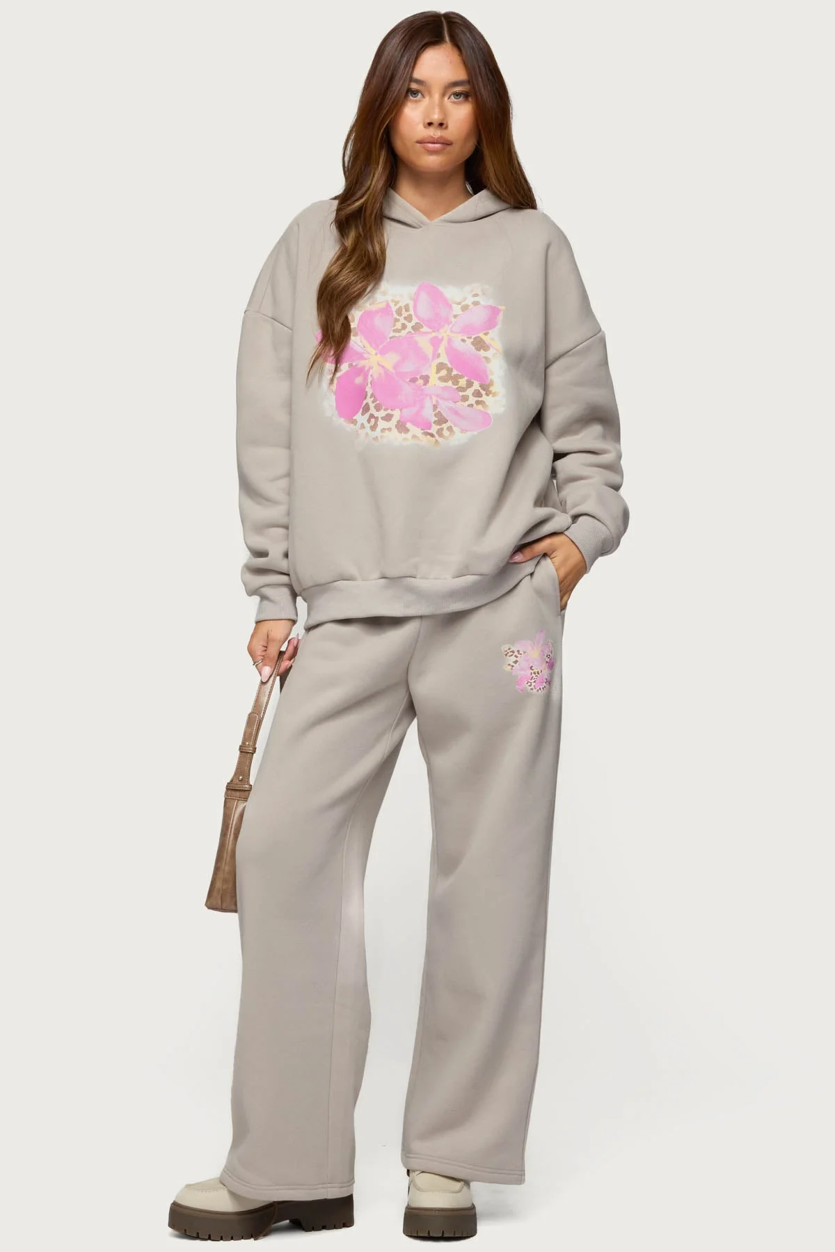 Beige Floral Leopard Print Sweatpants Set