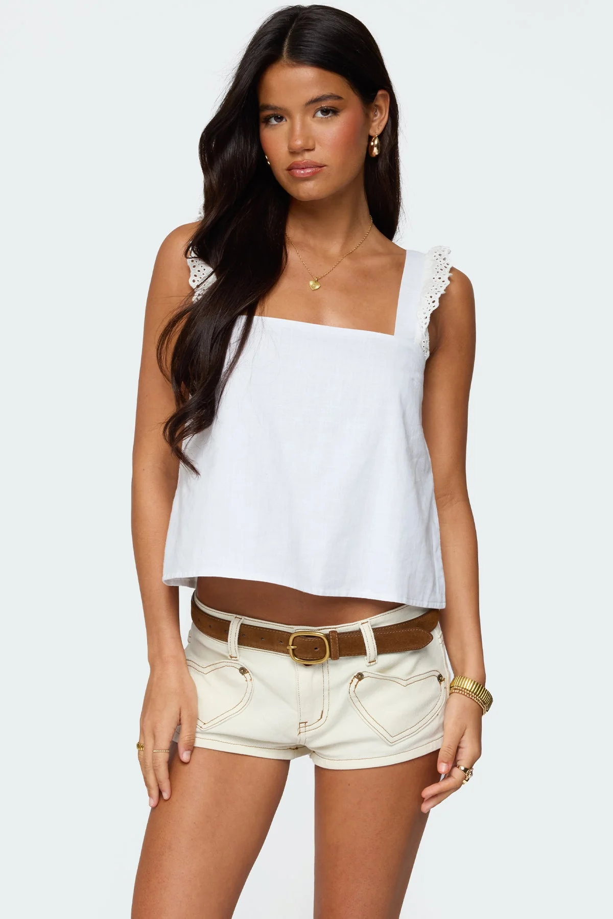 White Linen Look Square Neck Top - Loose Fit
