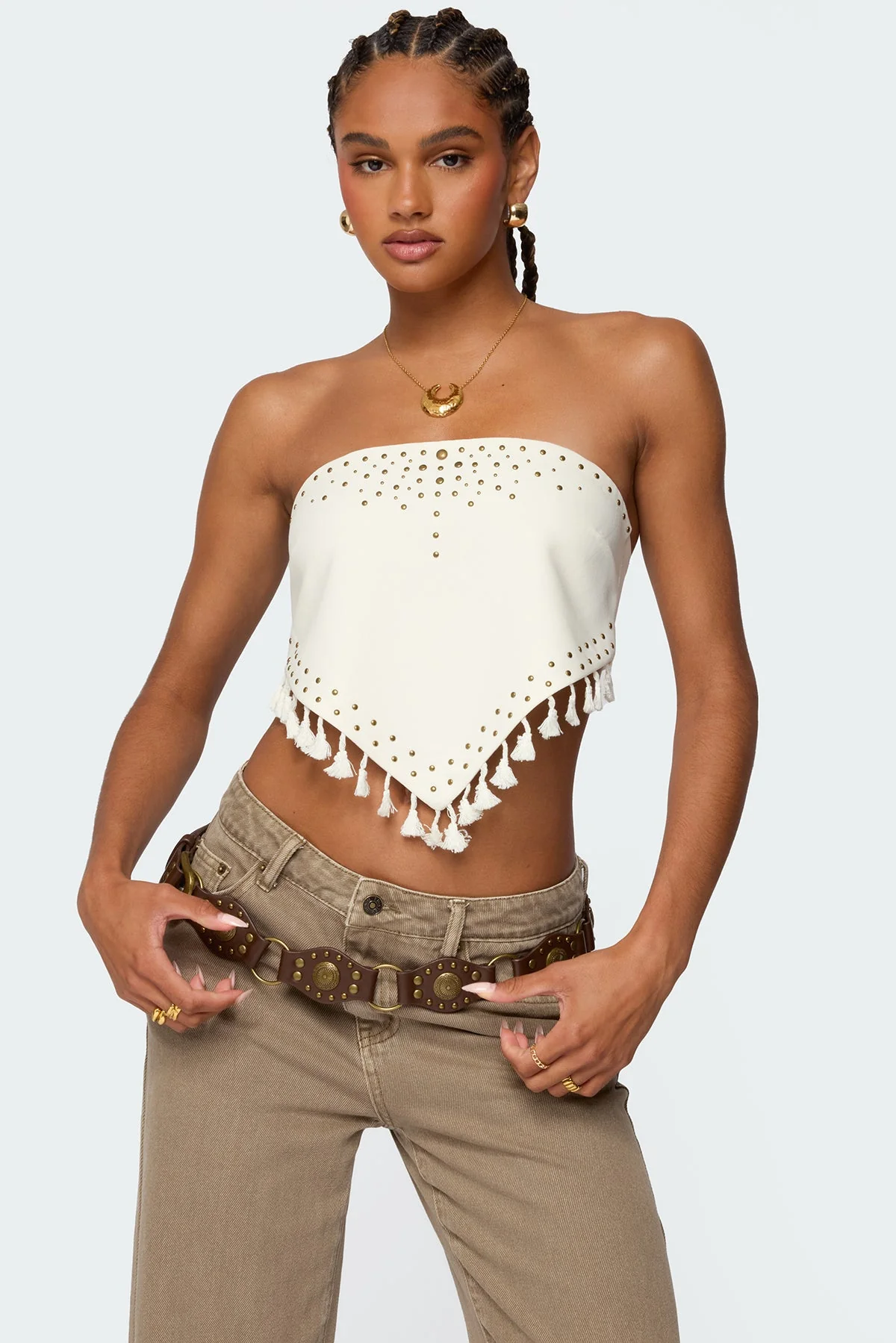 Cream Stud & Tassel Strapless Top