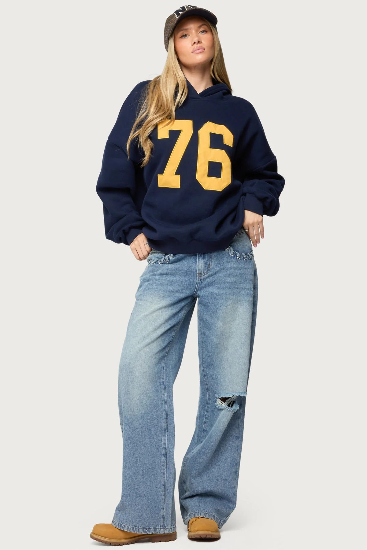 Navy Oversized Hoodie for Women - Graphic Patch Style