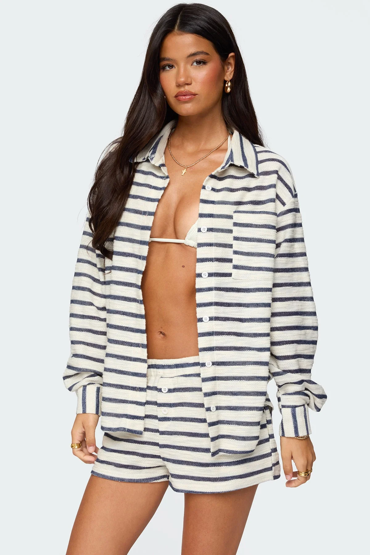 Oversized Striped Button-Up Shirt in Navy and Cream