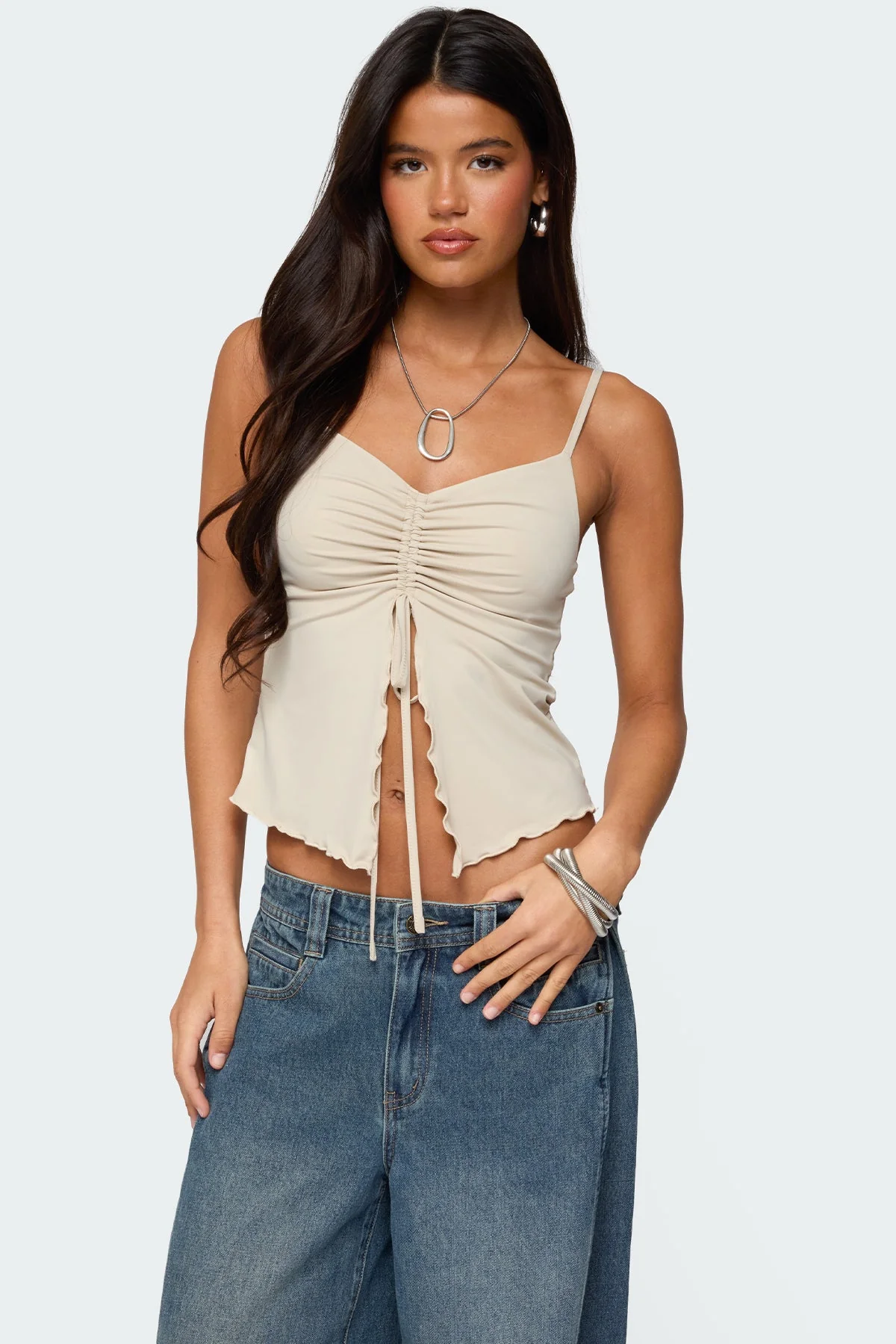 Stone Drawstring Top with Split Front Design