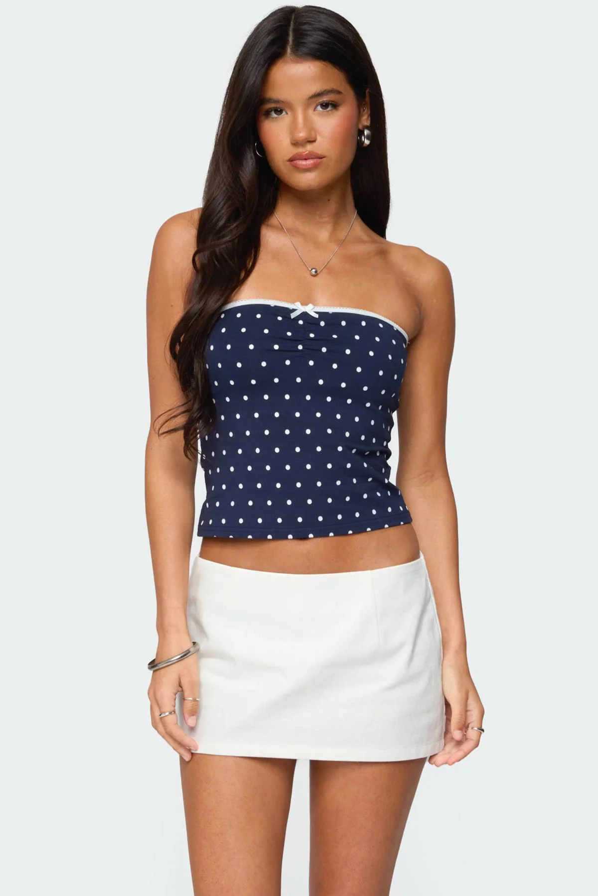 Navy Polka Dot Strapless Top with Built-In Bra