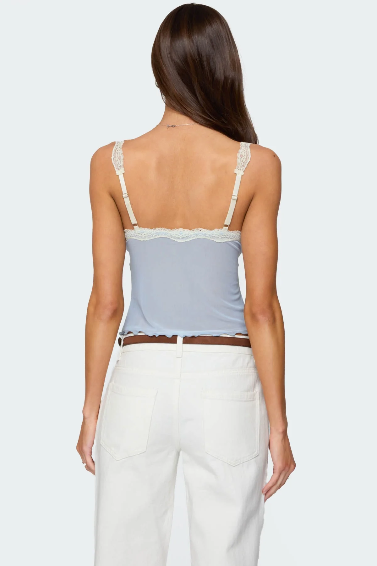 Light Blue Mesh Tank Top with Lace Trim and Bow Detail