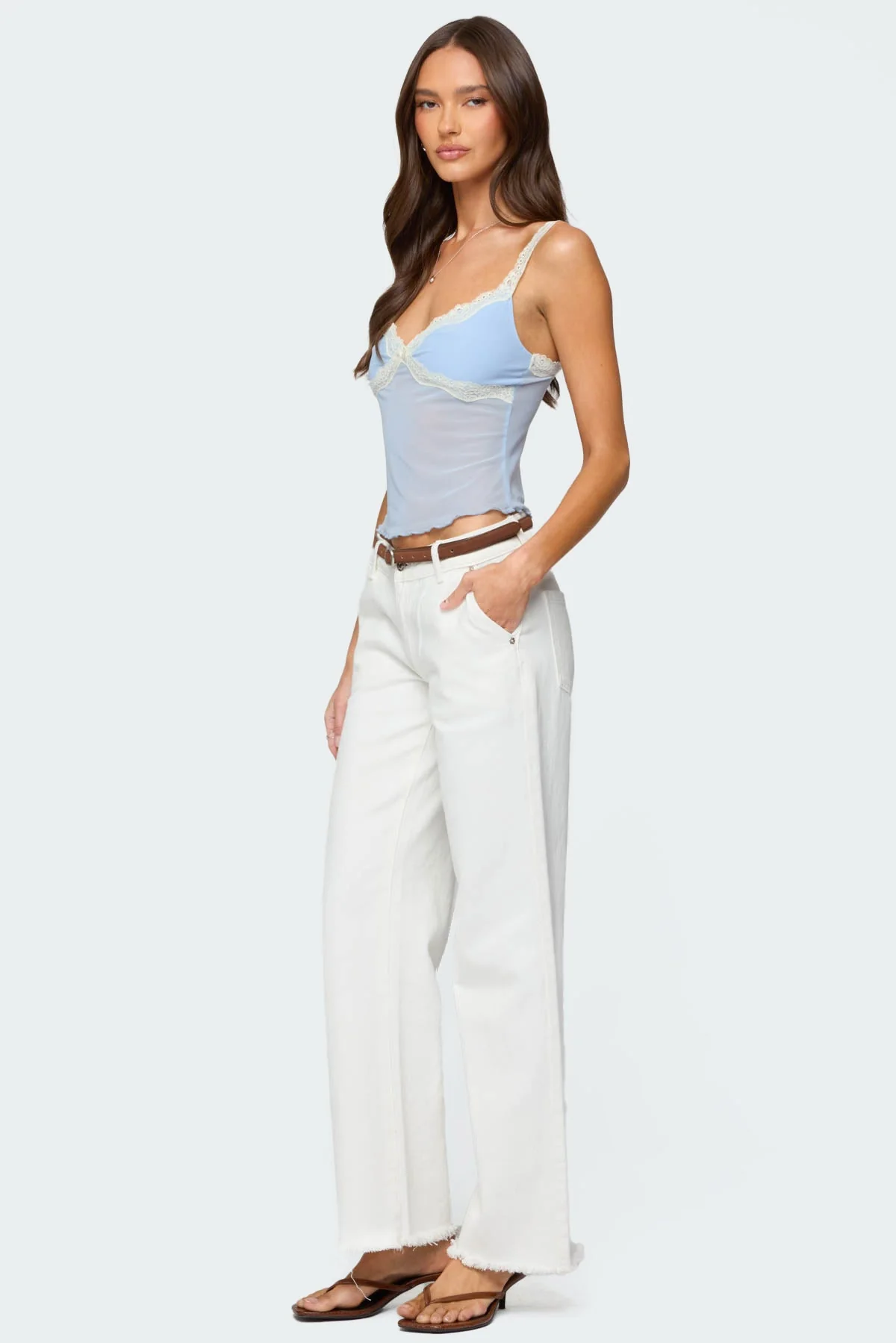 Light Blue Mesh Tank Top with Lace Trim and Bow Detail