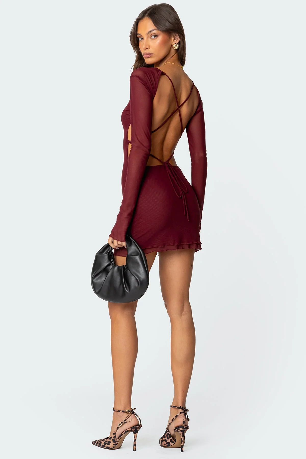 Burgundy Mesh Mini Dress with Lace-Up Detailing