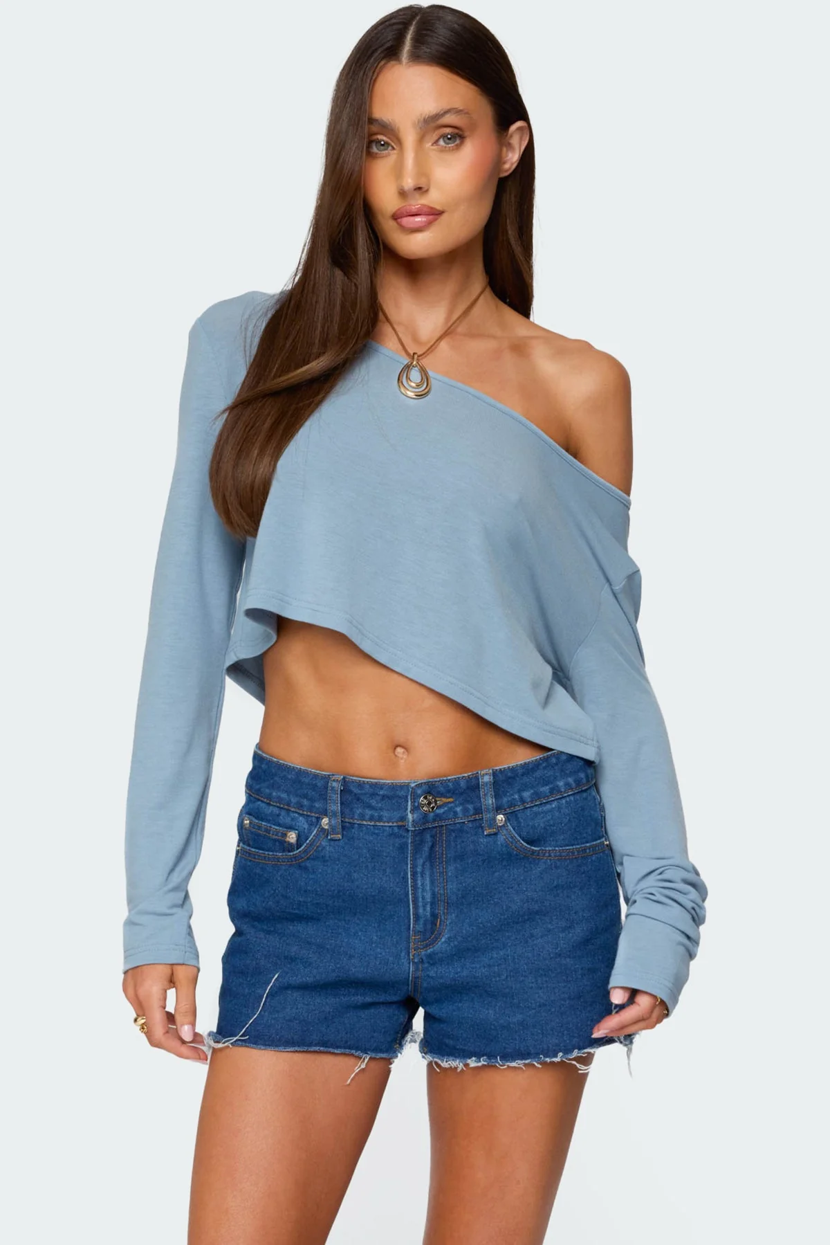 Blue Off Shoulder Long Sleeve Crop Top