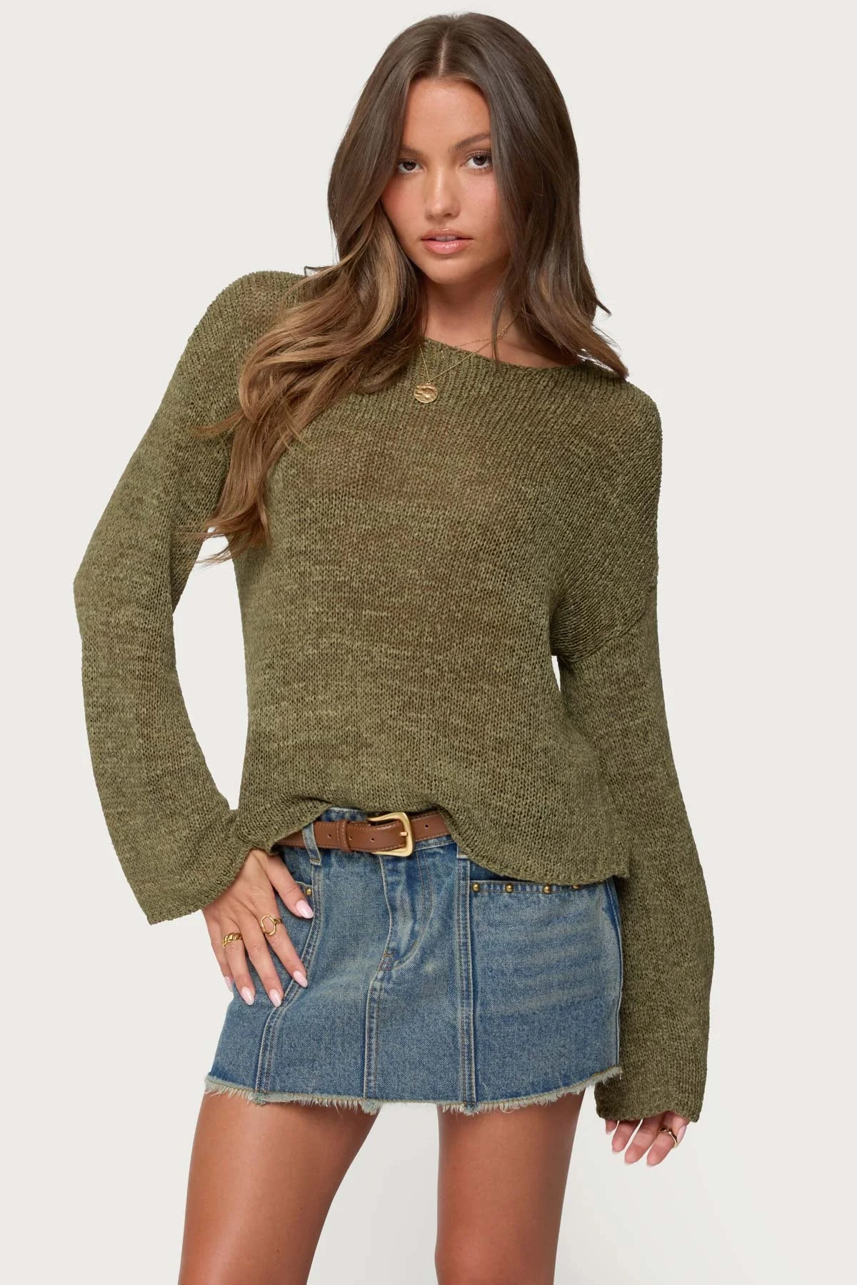 Olive Drop Shoulder Knit Sweater - Cozy & Stylish Design