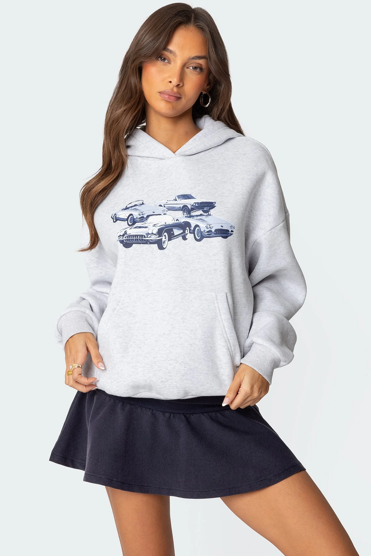 Vintage Cars Graphic Print Hoodie in Gray Melange
