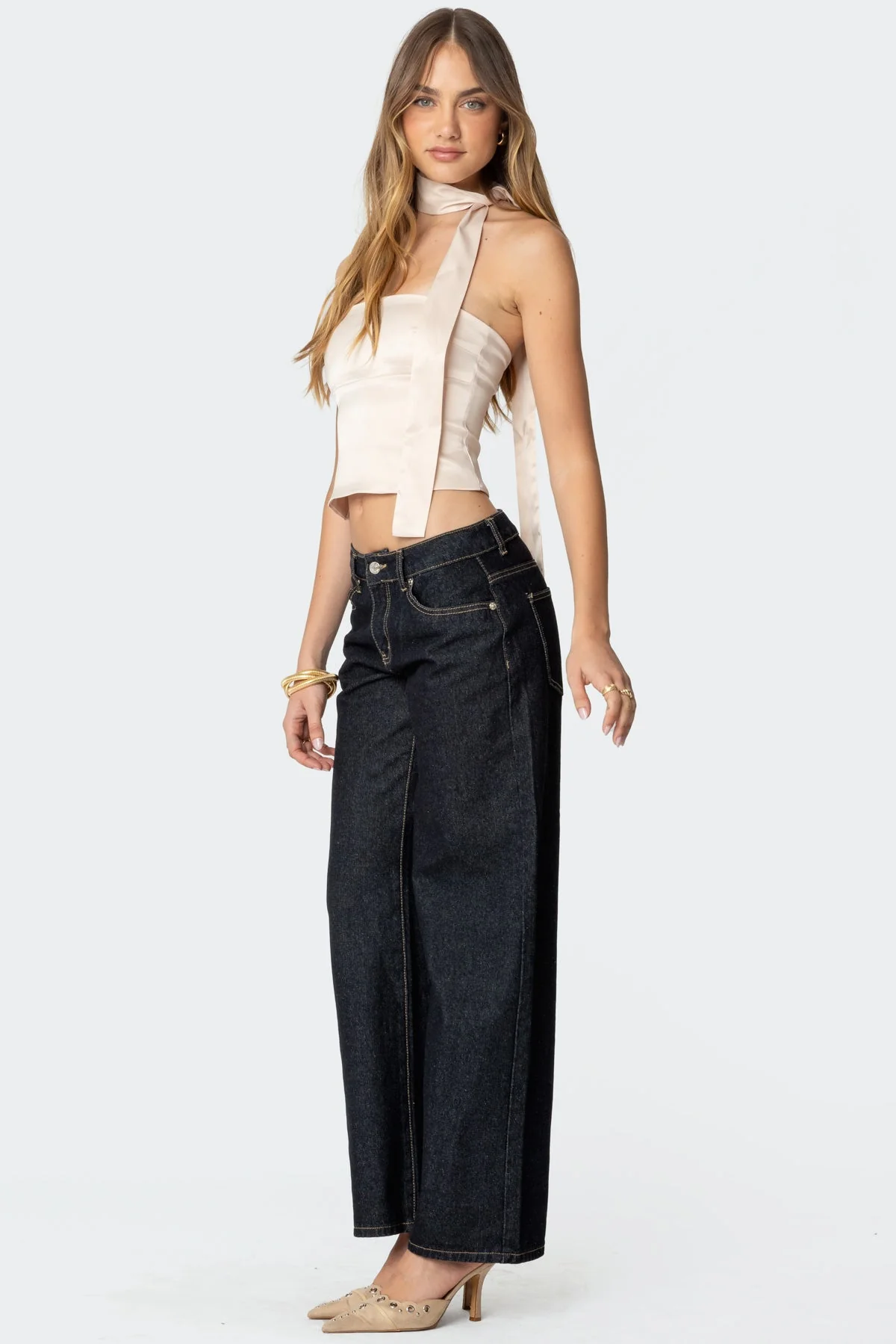 Champagne Satin Strapless Top with Matching Scarf