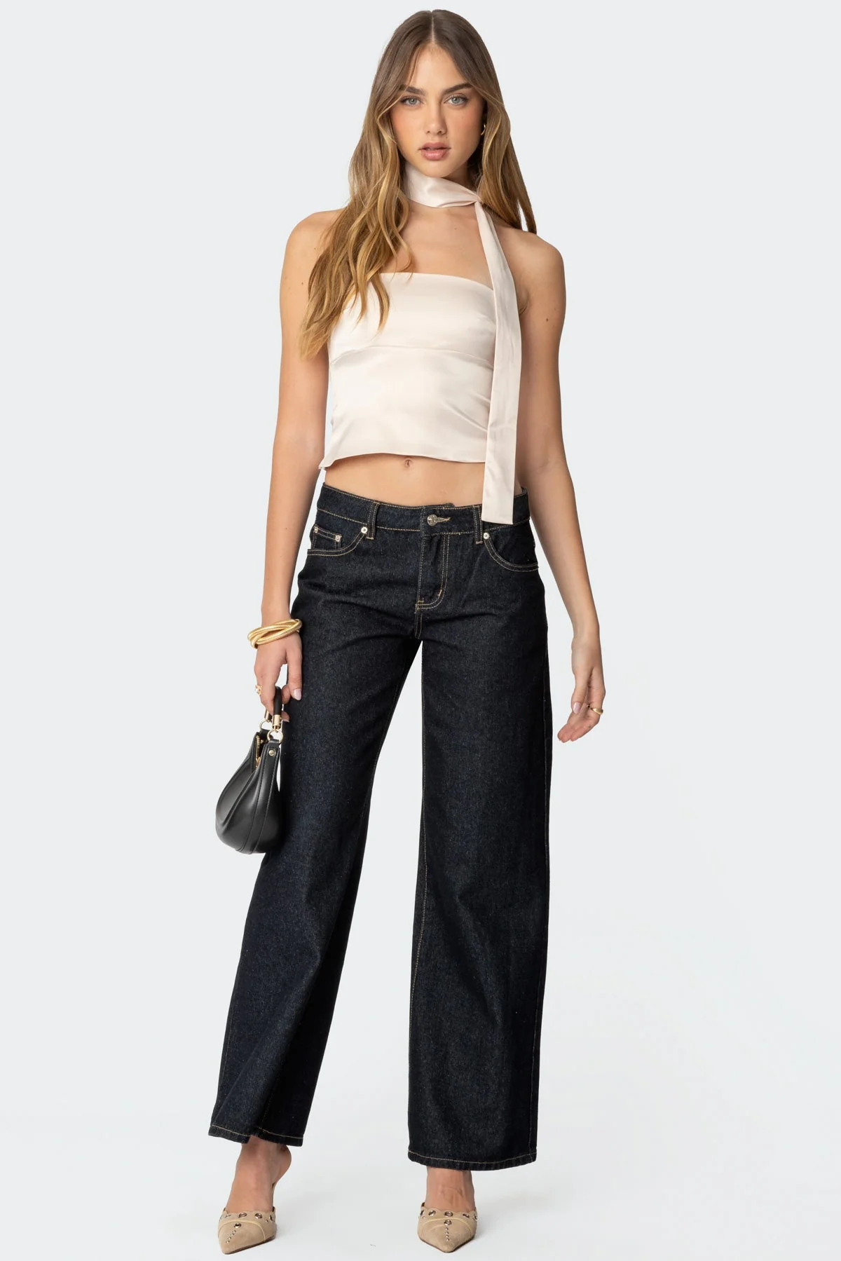 Champagne Satin Strapless Top with Matching Scarf