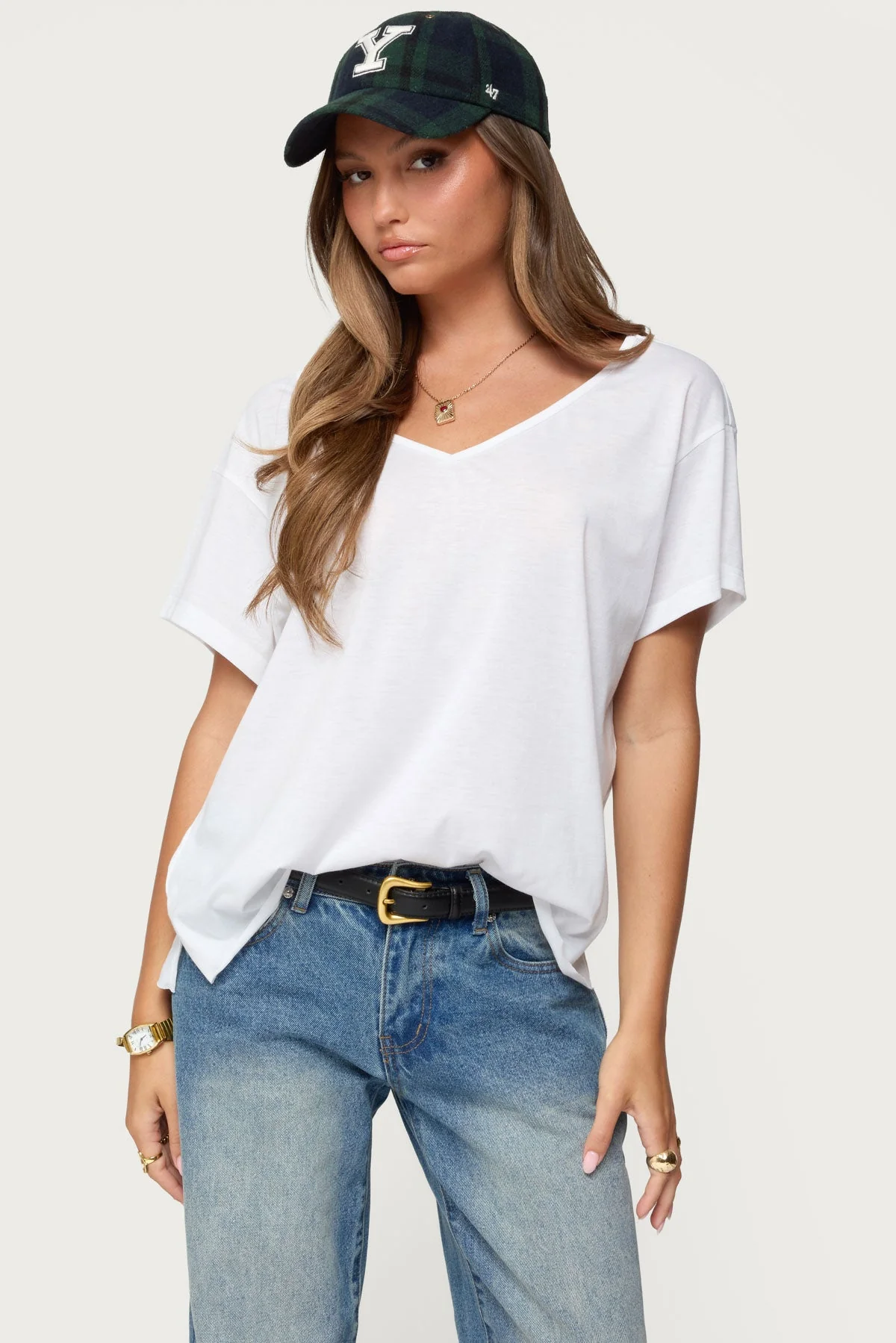 Oversized White V-Neck T-Shirt for Women